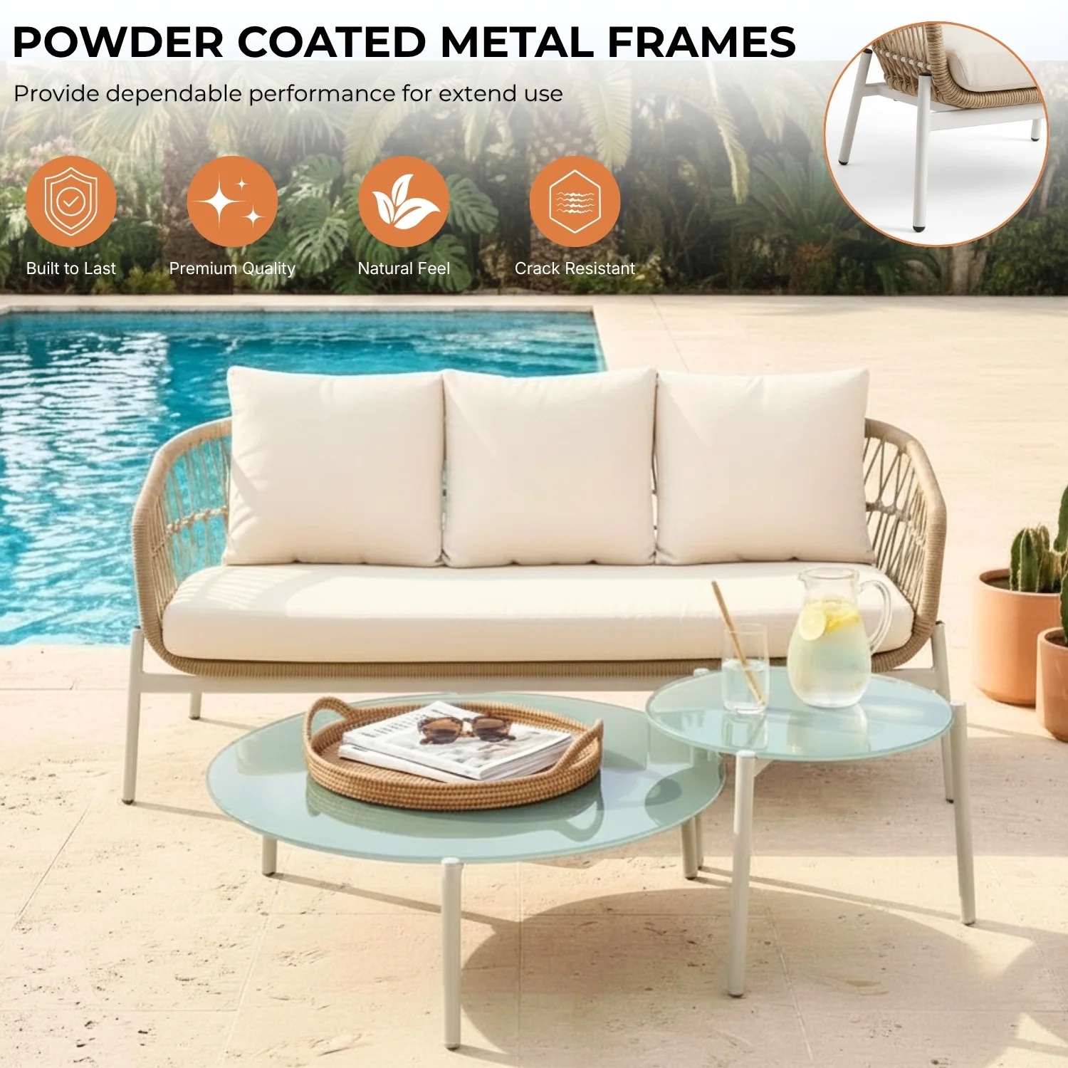 Outdoor 5 Seater Rope Conversation Sofa Set (Beige & Off-White) - Image 7