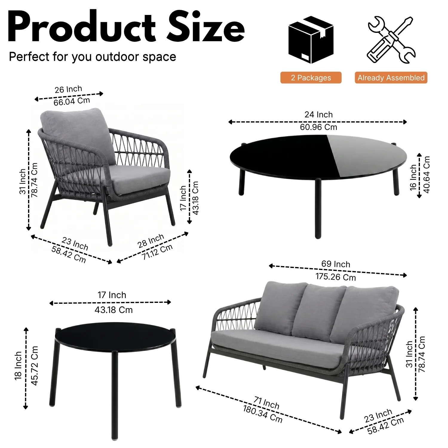 Outdoor 5 Seater Rope Conversation Sofa Set (Grey) - Image 2