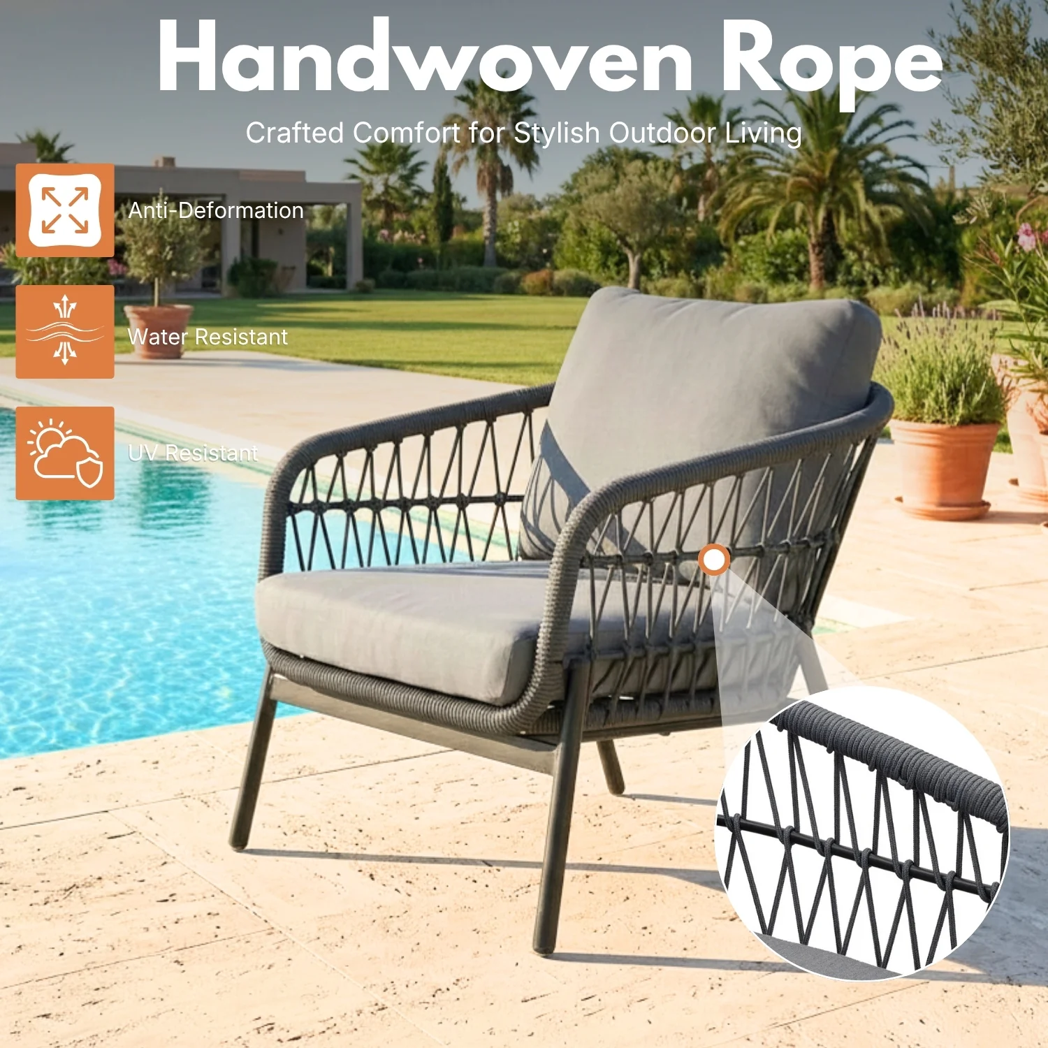 Outdoor 5 Seater Rope Conversation Sofa Set (Grey) - Image 3