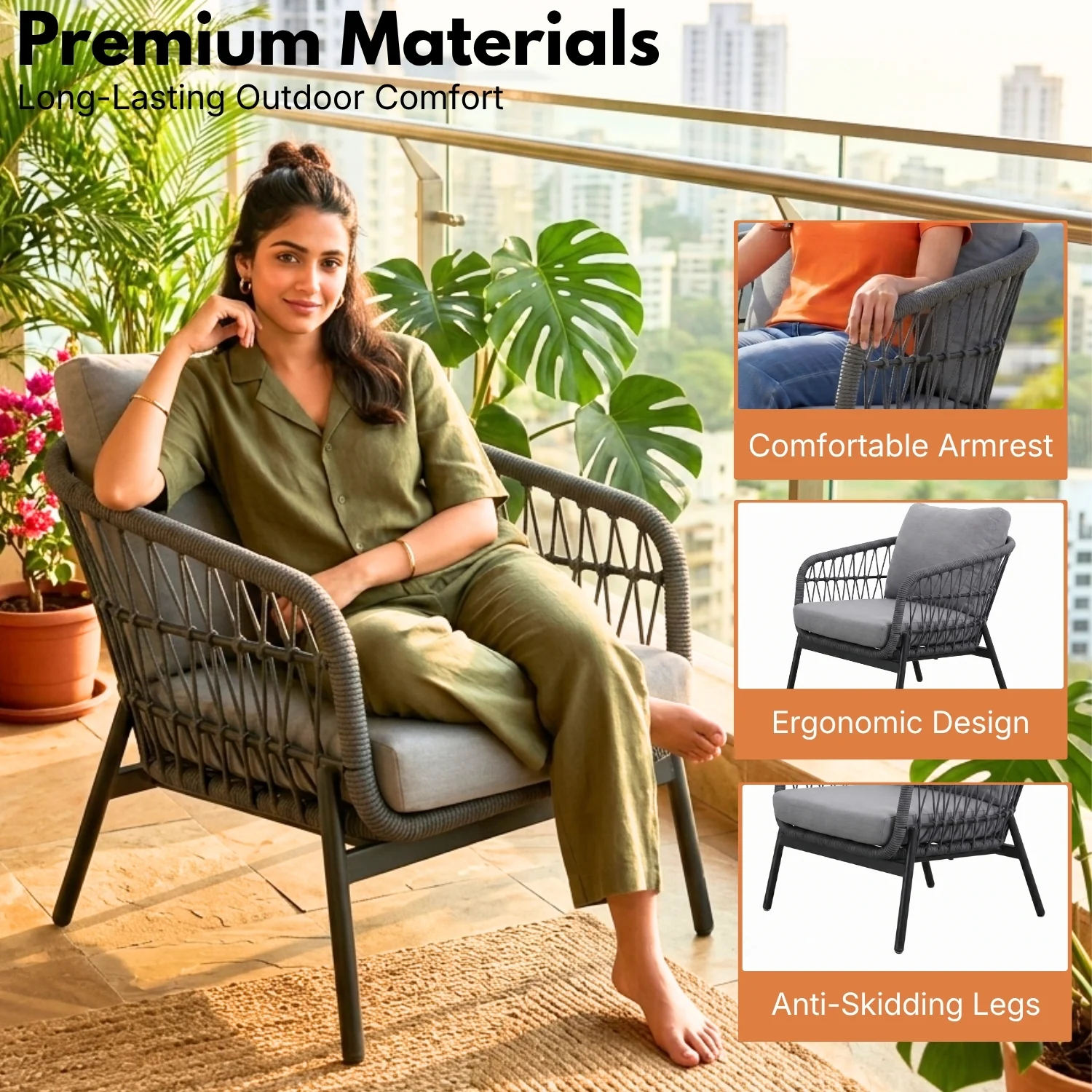 Outdoor 5 Seater Rope Conversation Sofa Set (Grey) - Image 4