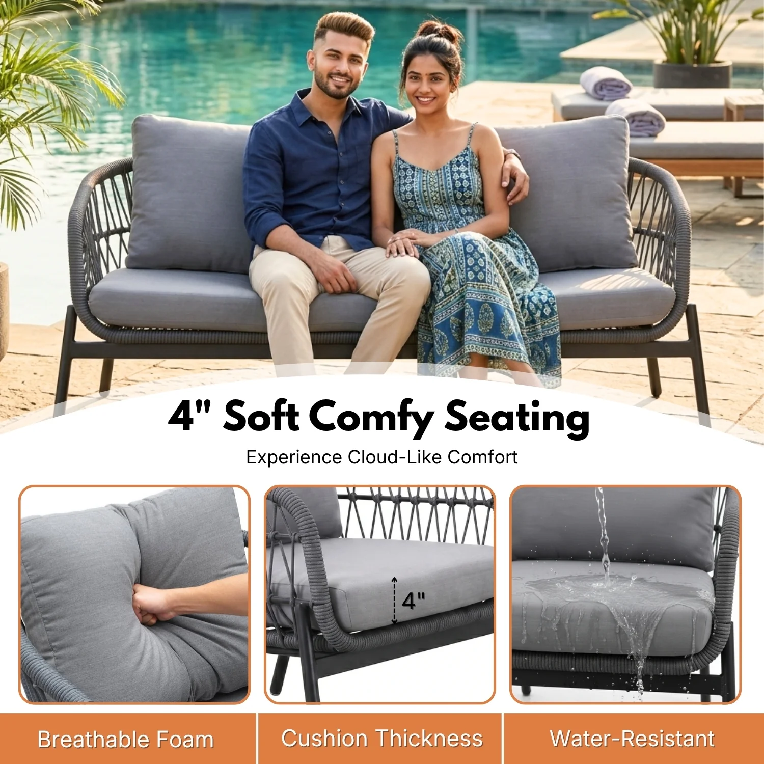 Outdoor 5 Seater Rope Conversation Sofa Set (Grey) - Image 5