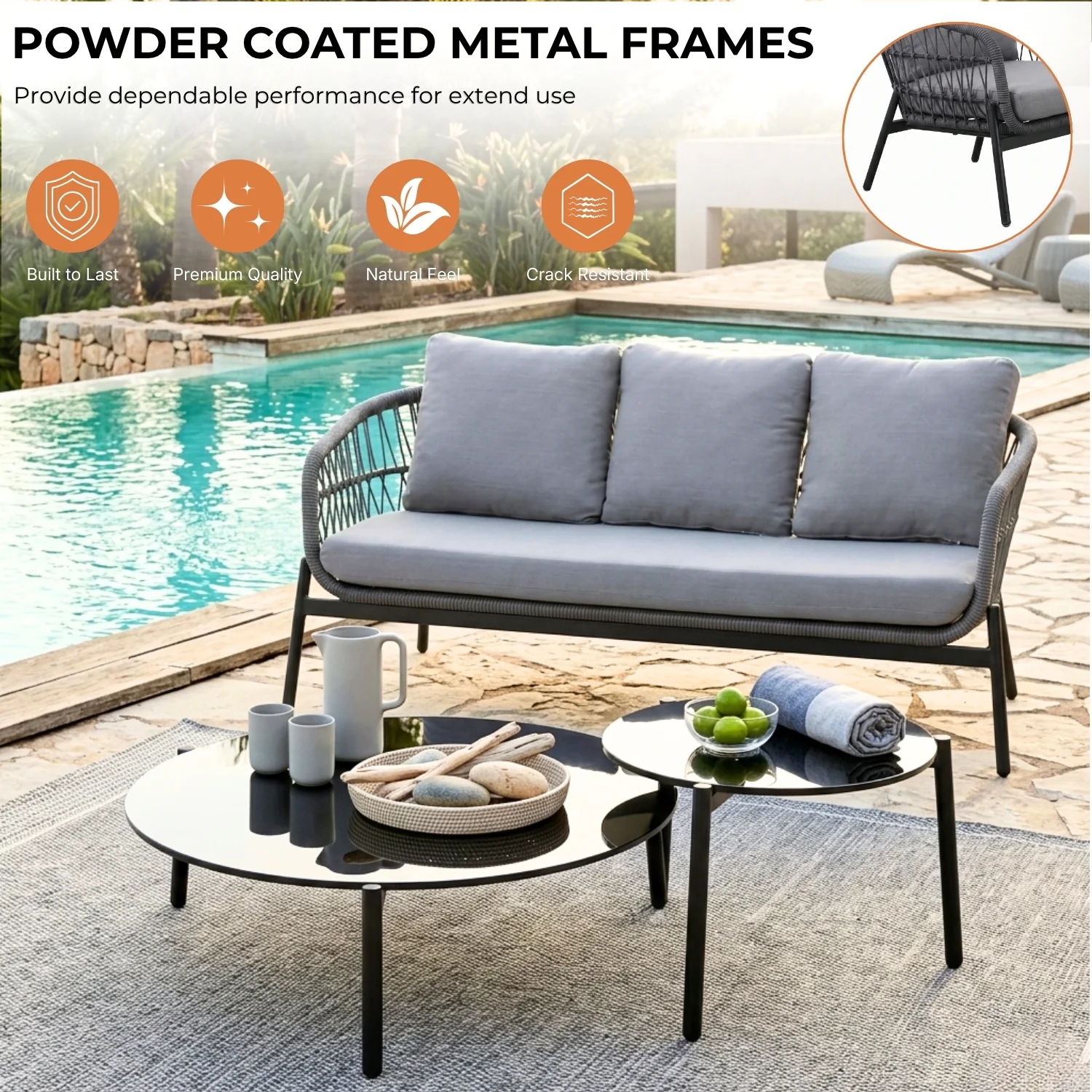 Outdoor 5 Seater Rope Conversation Sofa Set (Grey) - Image 7