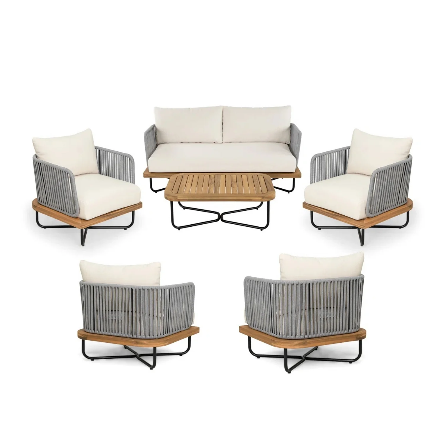 Outdoor 6-Piece Rope Woven Conversation Sofa Set with Wooden Top Table - Image 3