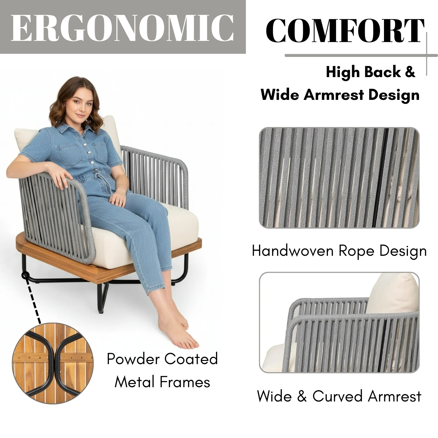 Outdoor 6-Piece Rope Woven Conversation Sofa Set with Wooden Top Table - Image 6