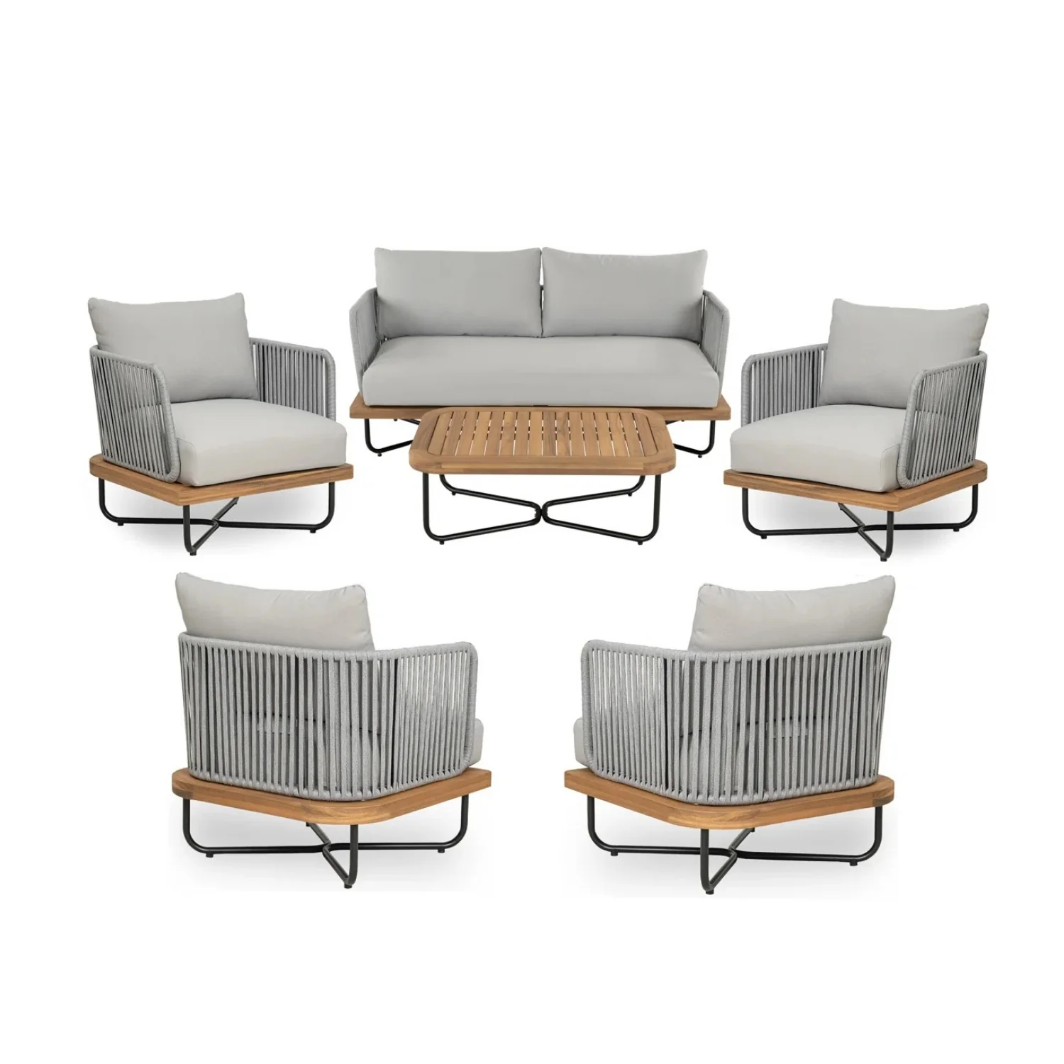 Outdoor 6-Piece Rope Woven Conversation Sofa Set with Wooden Top Table - Image 3