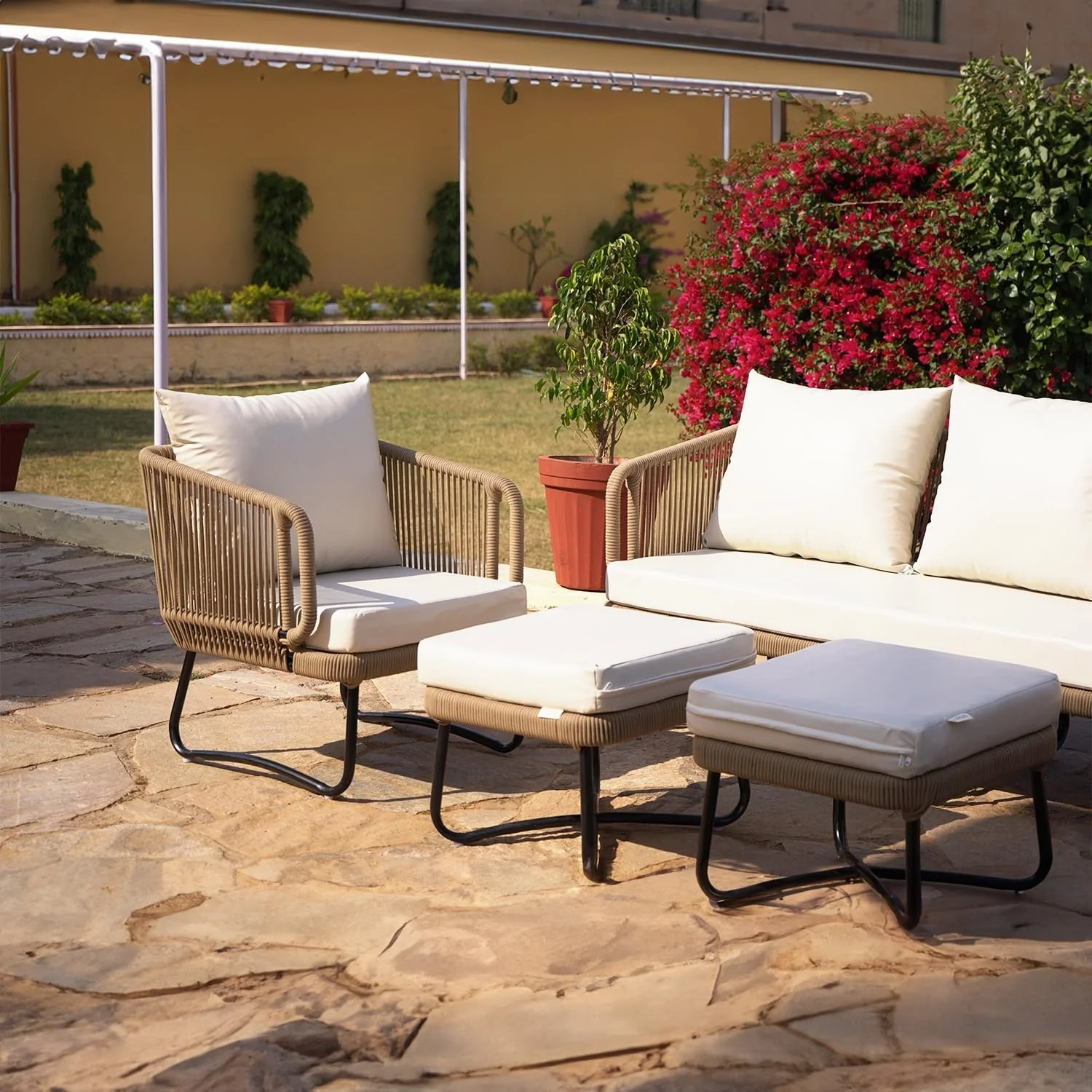 7 Seater Outdoor Rope Sofa Set with Ottomans - Image 4