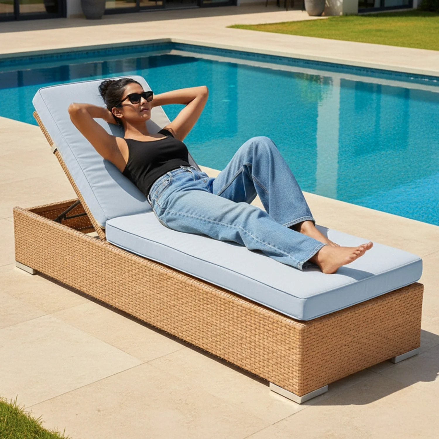 Outdoor All-Weather Rattan Wicker Lounger (Beige & Grey) - Image 7