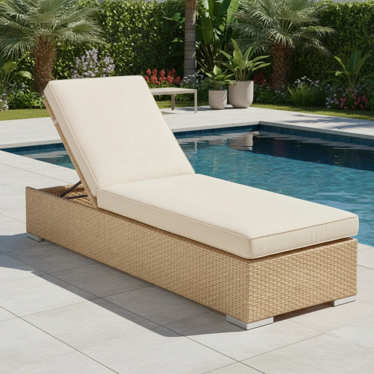 Outdoor All-Weather Rattan Wicker Lounger (Beige & Off-White)