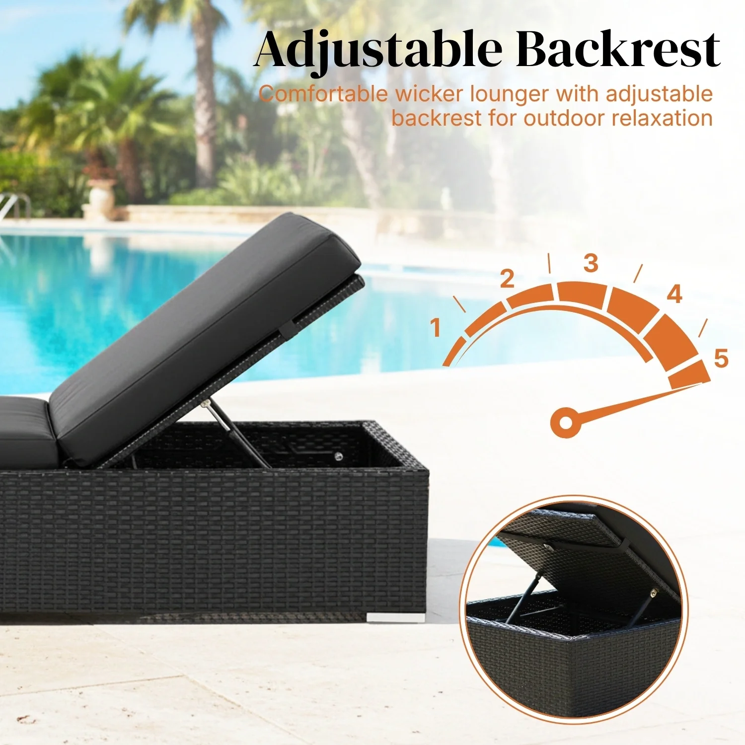 Outdoor All-Weather Rattan Wicker Lounger (Black) - Image 4