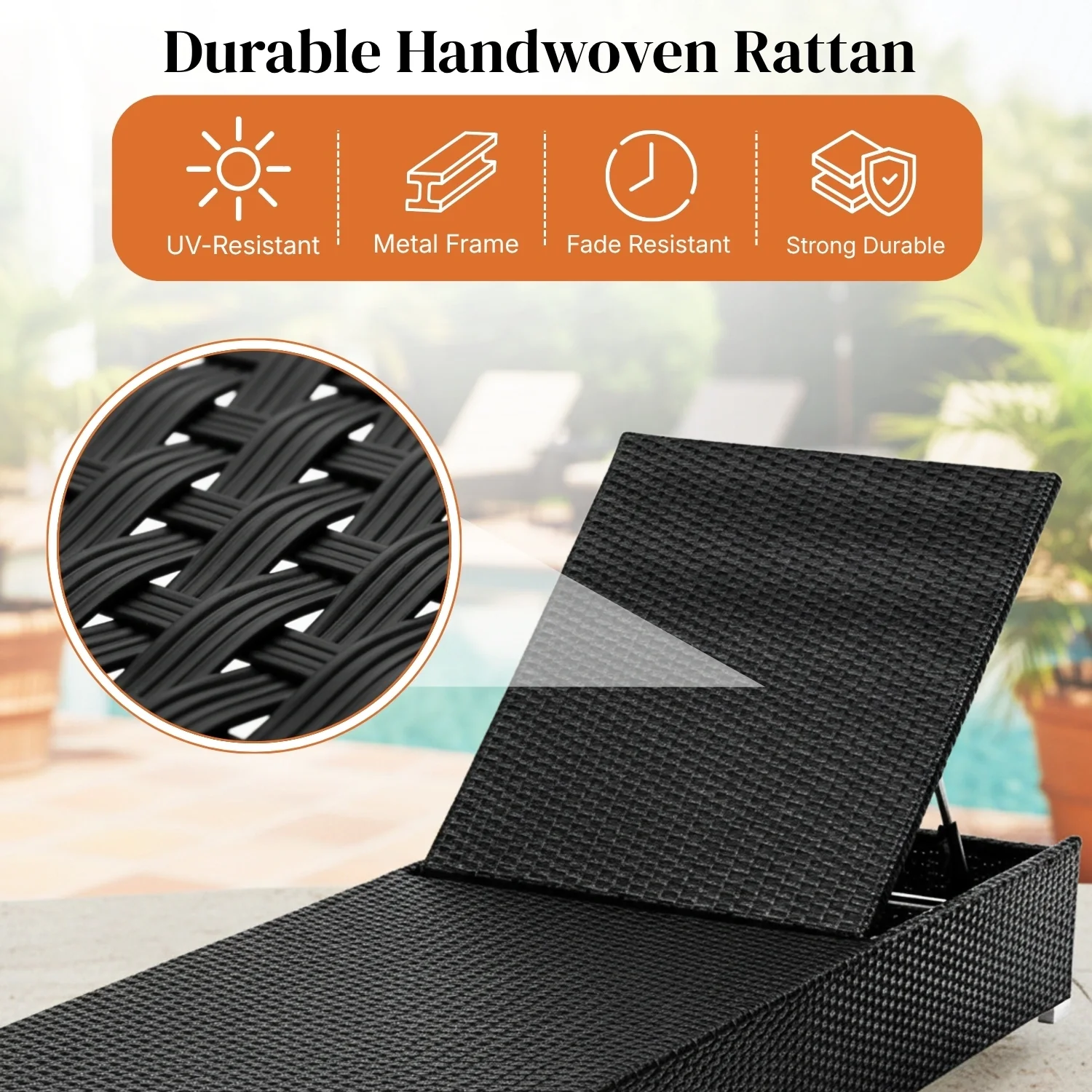 Outdoor All-Weather Rattan Wicker Lounger (Black) - Image 5