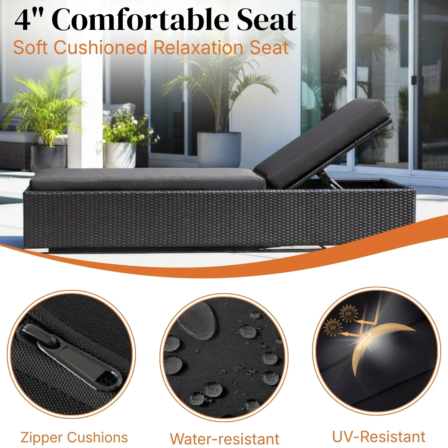 Outdoor All-Weather Rattan Wicker Lounger (Black) - Image 6