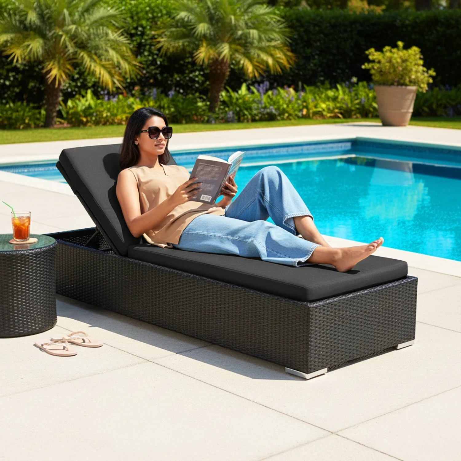 Outdoor All-Weather Rattan Wicker Lounger (Black) - Image 7