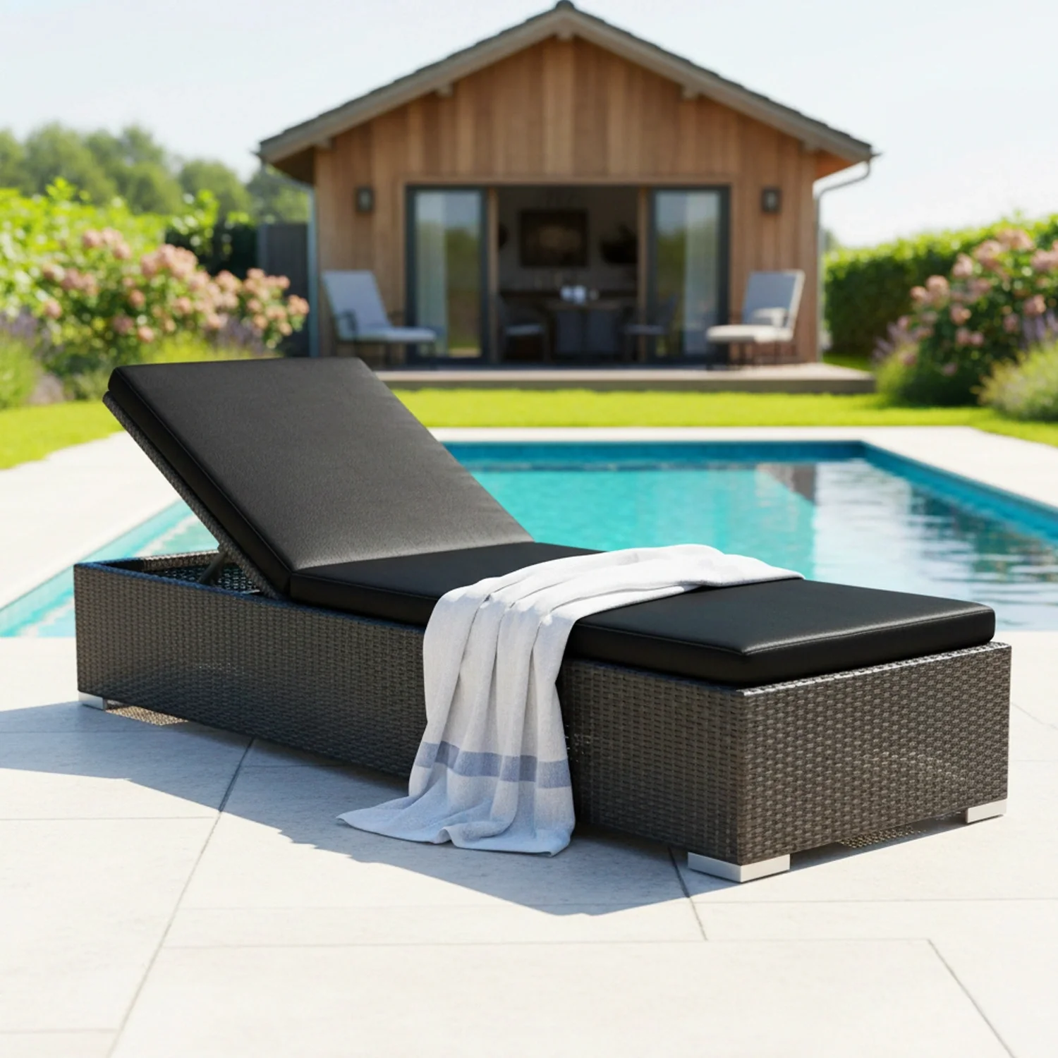 Outdoor All-Weather Rattan Wicker Lounger (Black) - Image 9