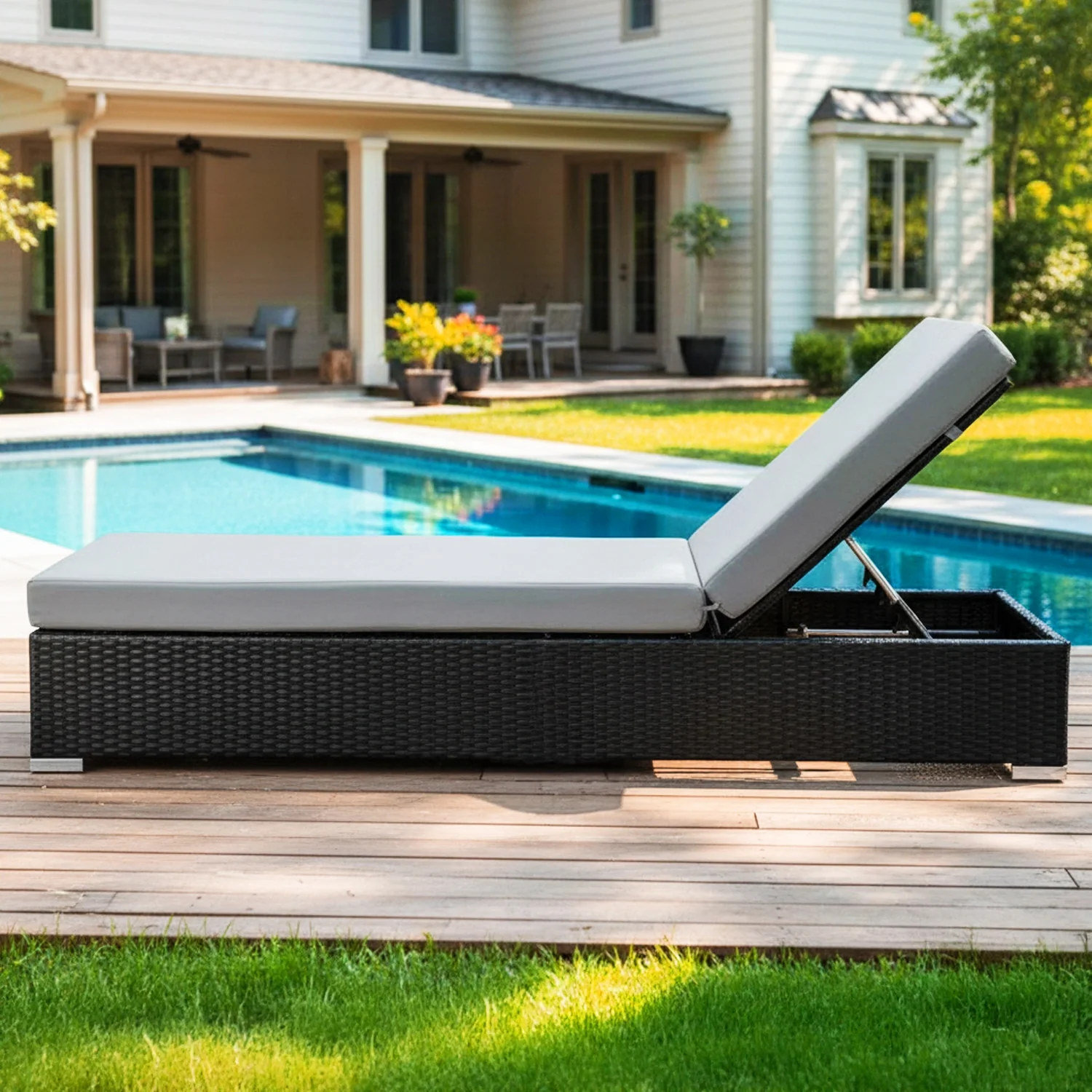 Outdoor All-Weather Rattan Wicker Lounger (Black & Grey) - Image 10