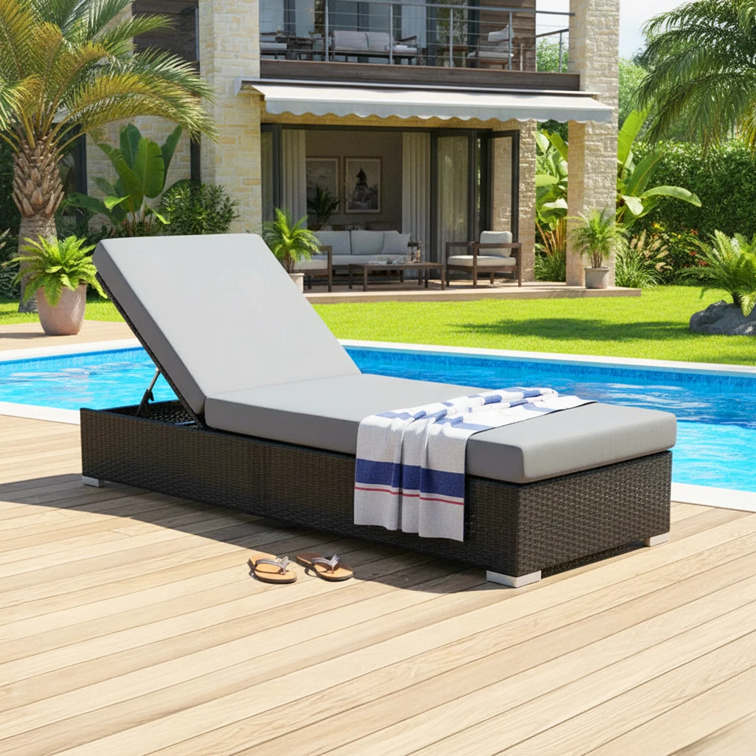 Outdoor All-Weather Rattan Wicker Lounger (Black & Grey) - Image 7