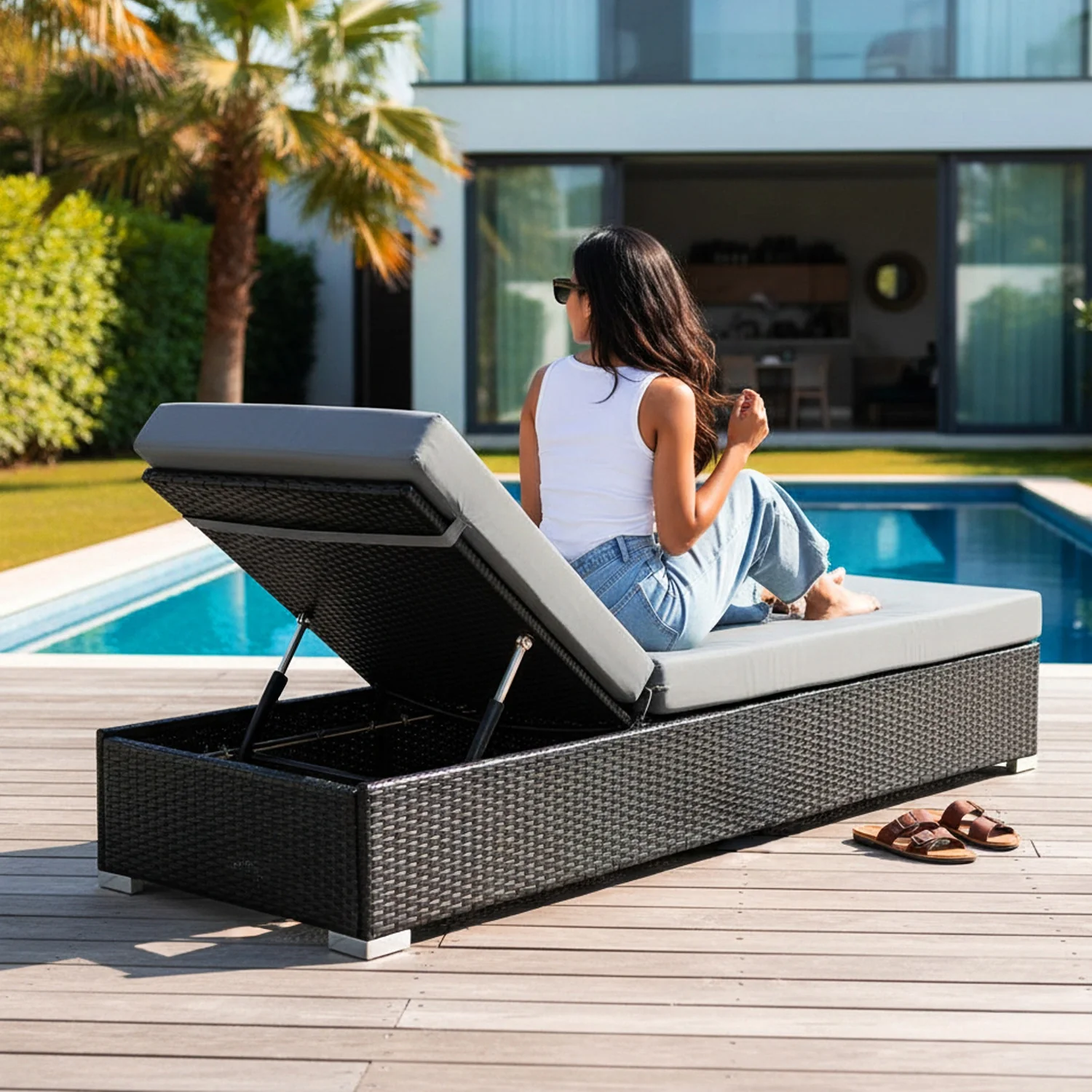 Outdoor All-Weather Rattan Wicker Lounger (Black & Grey) - Image 9
