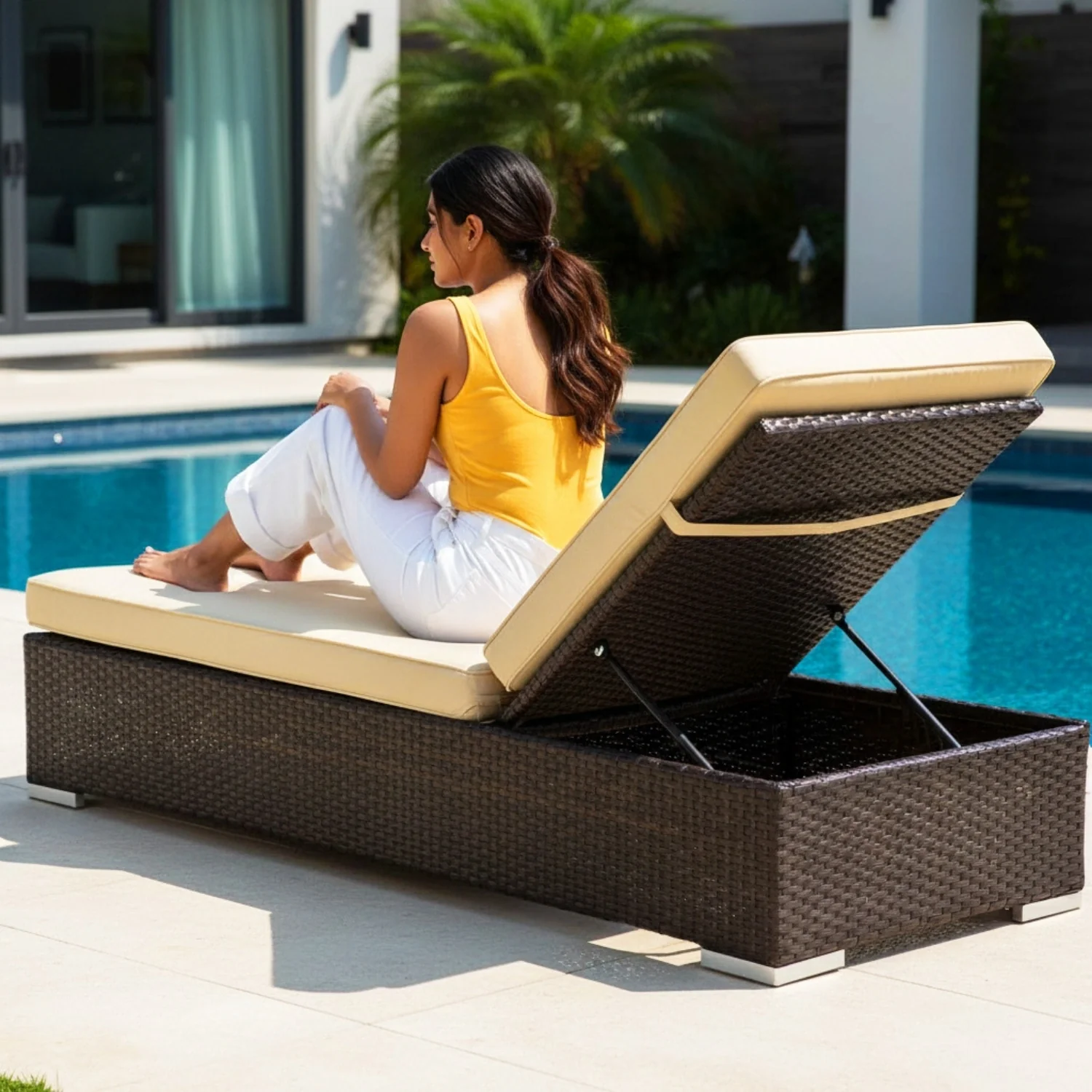 Outdoor All-Weather Rattan Wicker Lounger (Dark Brown & Cream) - Image 10