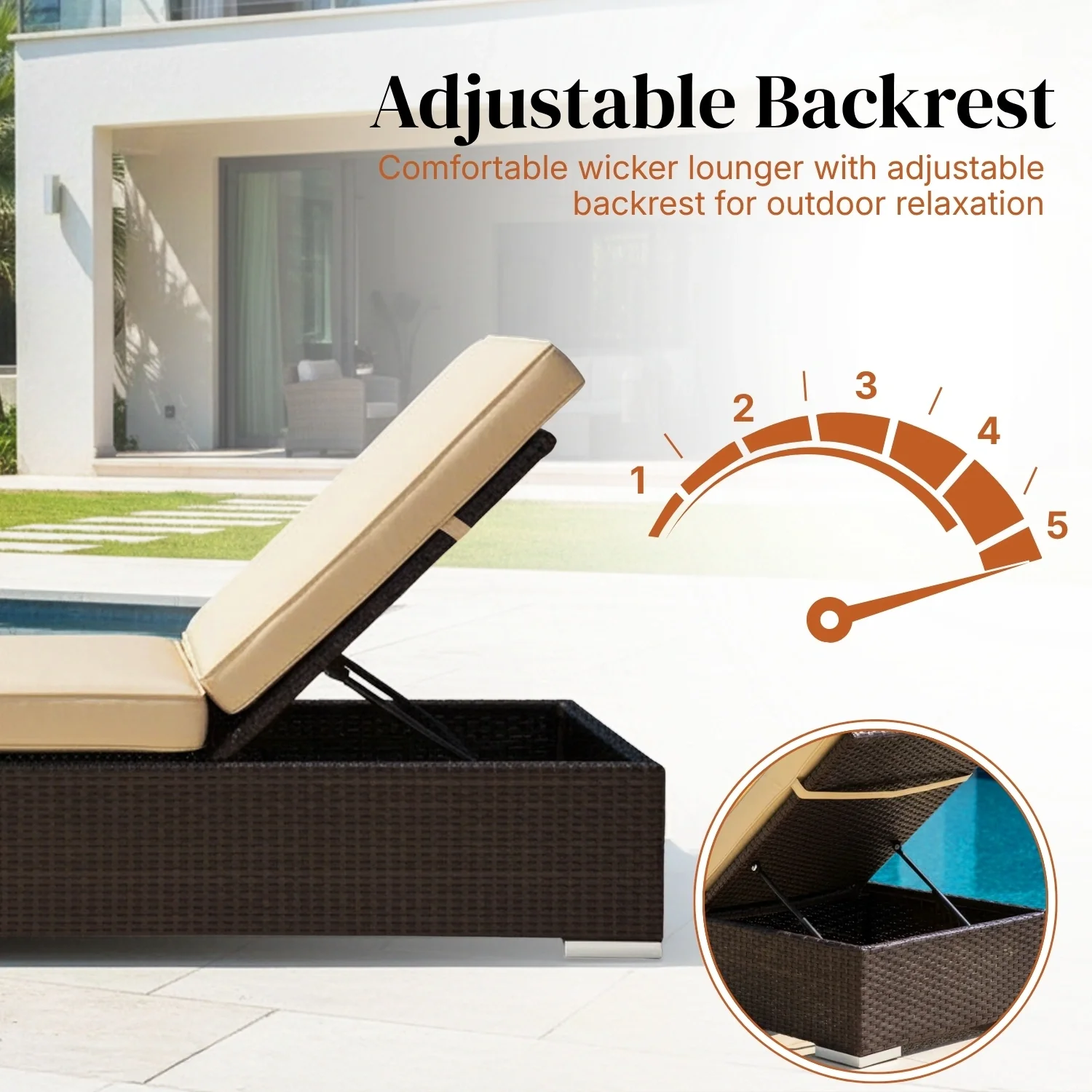 Outdoor All-Weather Rattan Wicker Lounger (Dark Brown & Cream) - Image 4