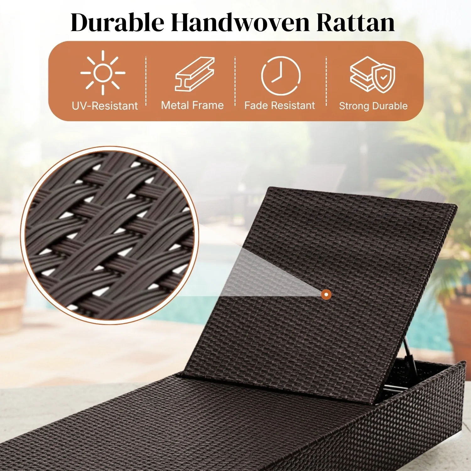 Outdoor All-Weather Rattan Wicker Lounger (Dark Brown & Cream) - Image 5
