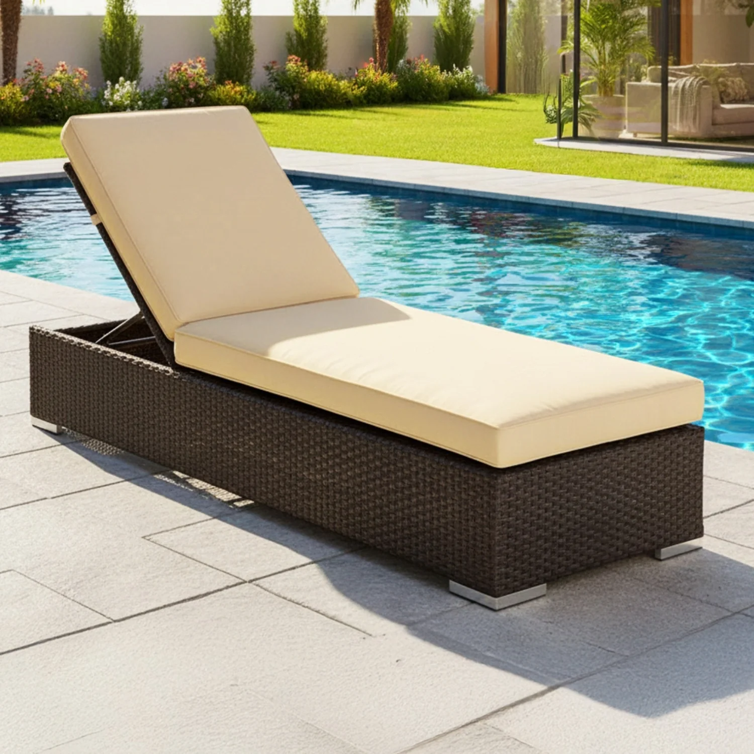 Outdoor All-Weather Rattan Wicker Lounger (Dark Brown & Cream) - Image 6