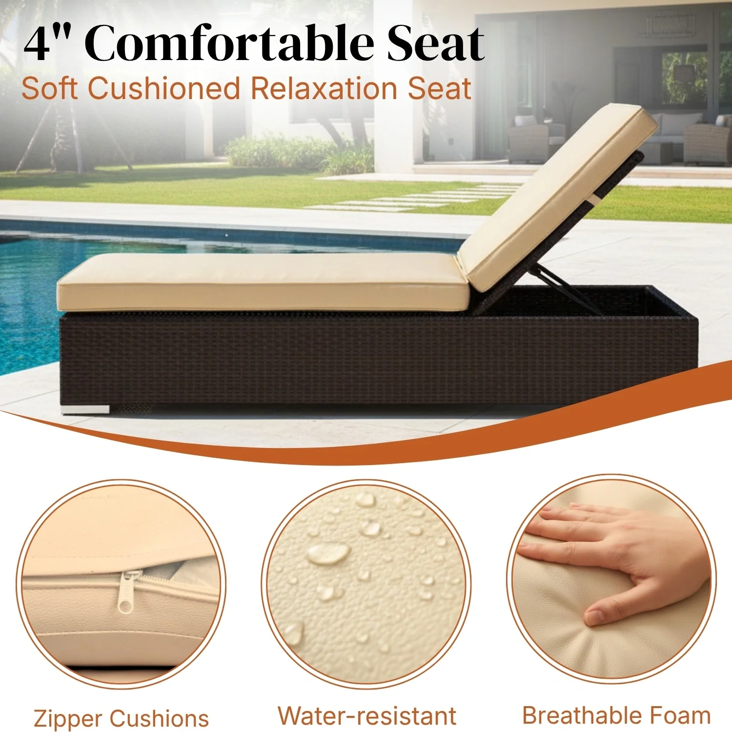 Outdoor All-Weather Rattan Wicker Lounger (Dark Brown & Cream) - Image 7