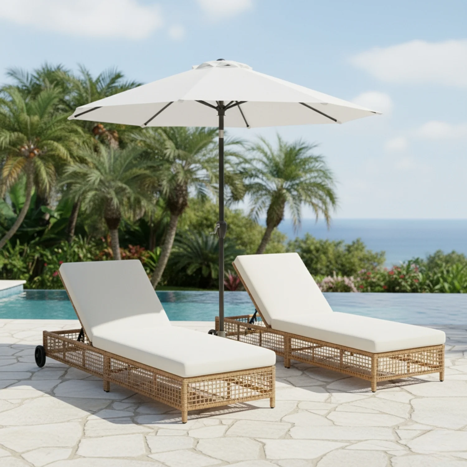 Outdoor Wicker Rattan Lounger Set of 2 with Patio Umbrella (Beige & Off-White) - Image 10