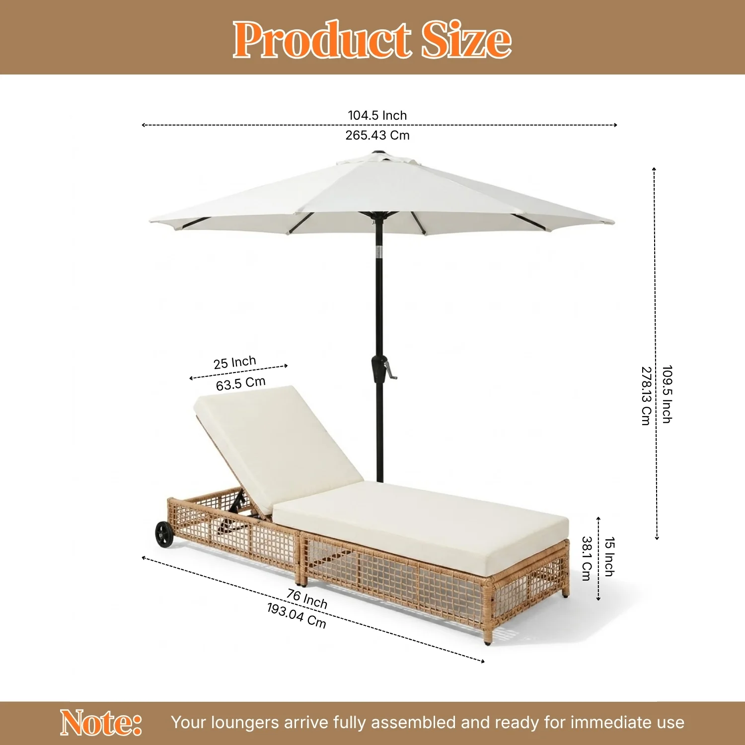 Outdoor Wicker Rattan Lounger Set of 2 with Patio Umbrella (Beige & Off-White) - Image 2
