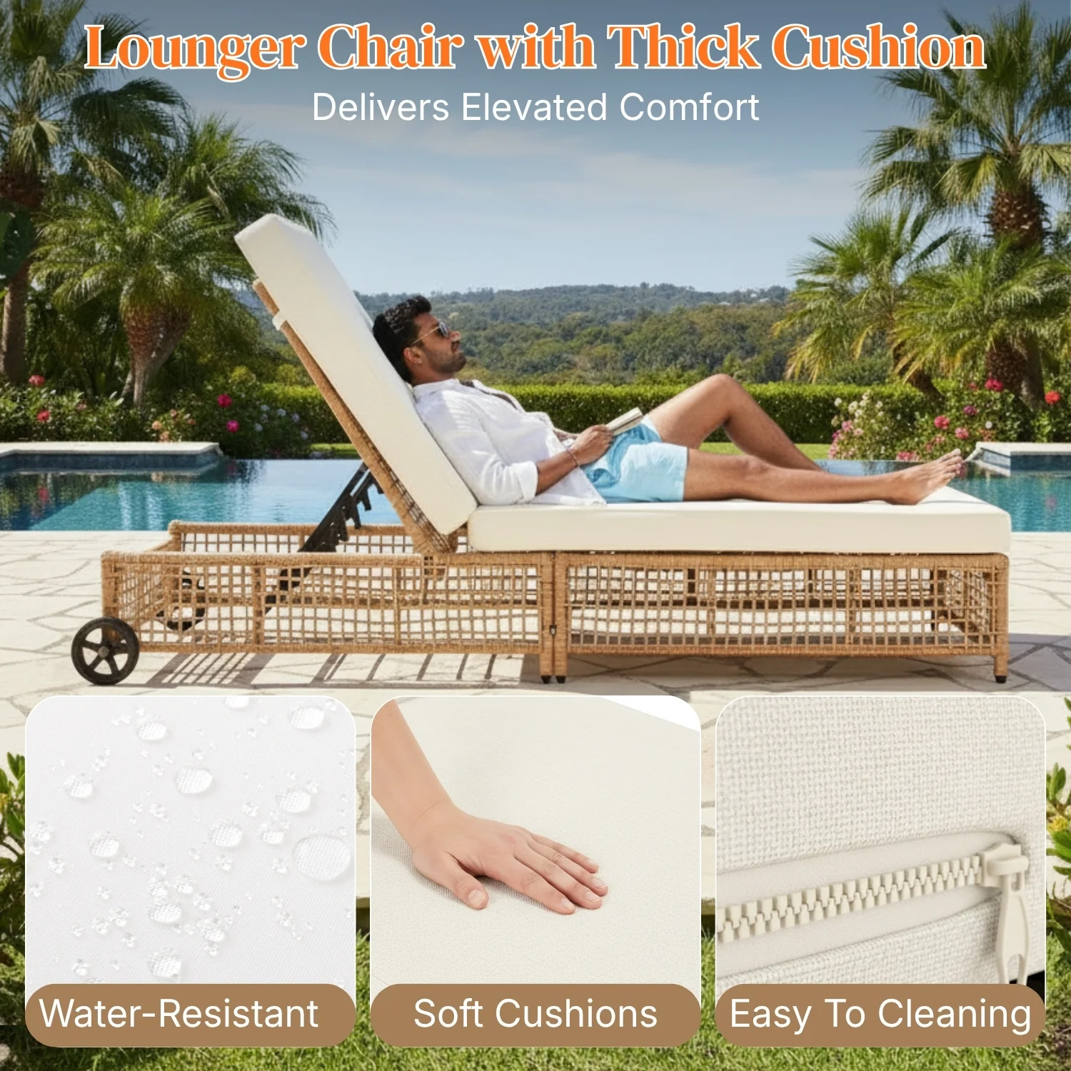 Outdoor Wicker Rattan Lounger Set of 2 with Patio Umbrella (Beige & Off-White) - Image 4
