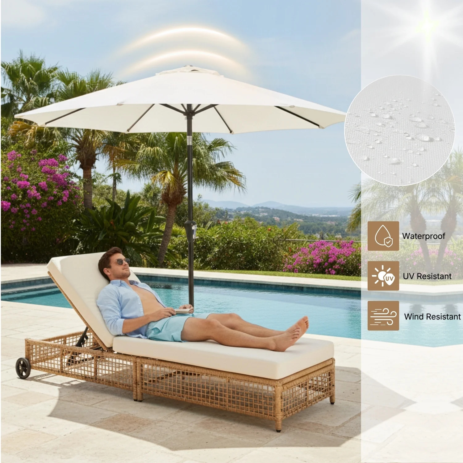 Outdoor Wicker Rattan Lounger Set of 2 with Patio Umbrella (Beige & Off-White) - Image 6