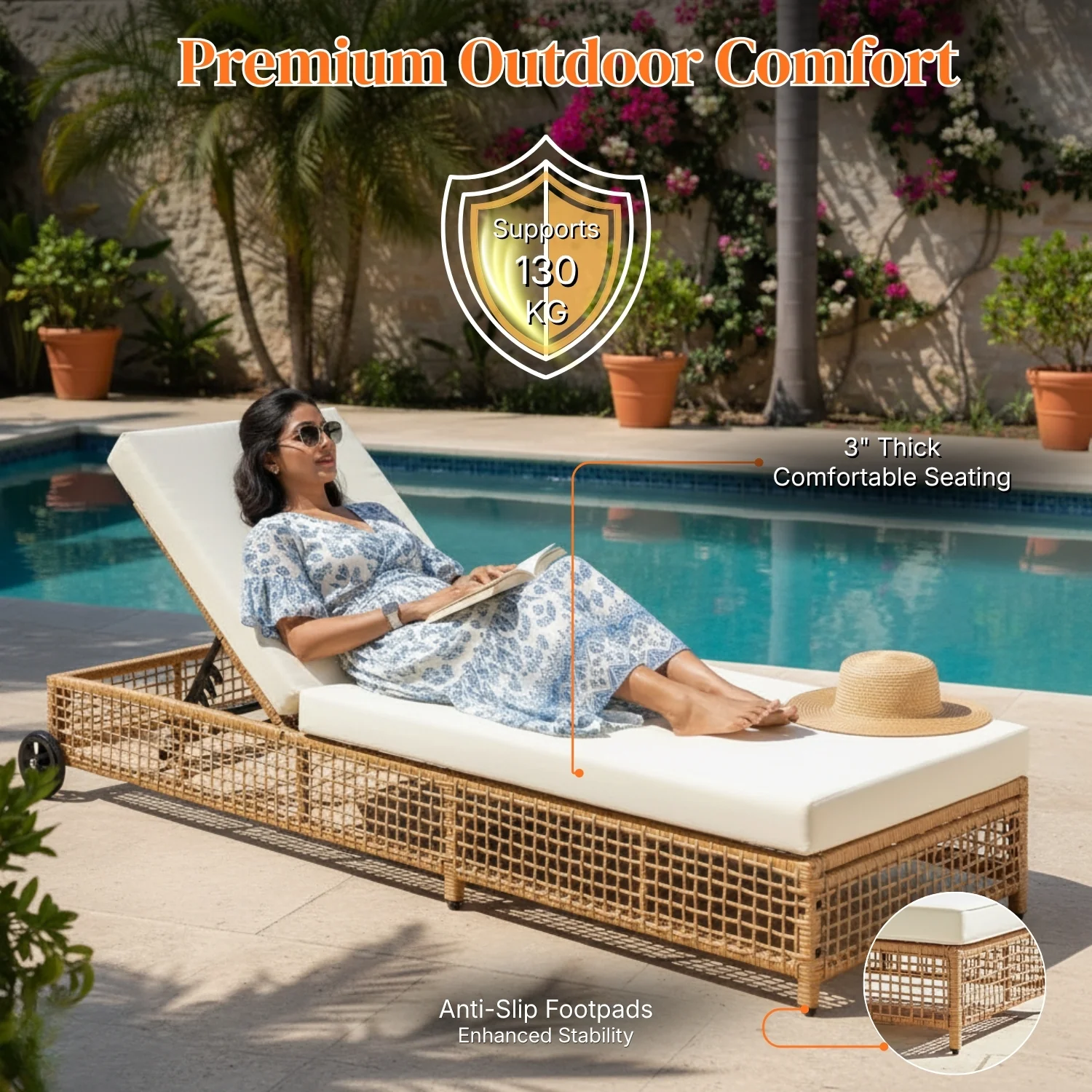 Outdoor Wicker Rattan Lounger Set of 2 with Patio Umbrella (Beige & Off-White) - Image 7