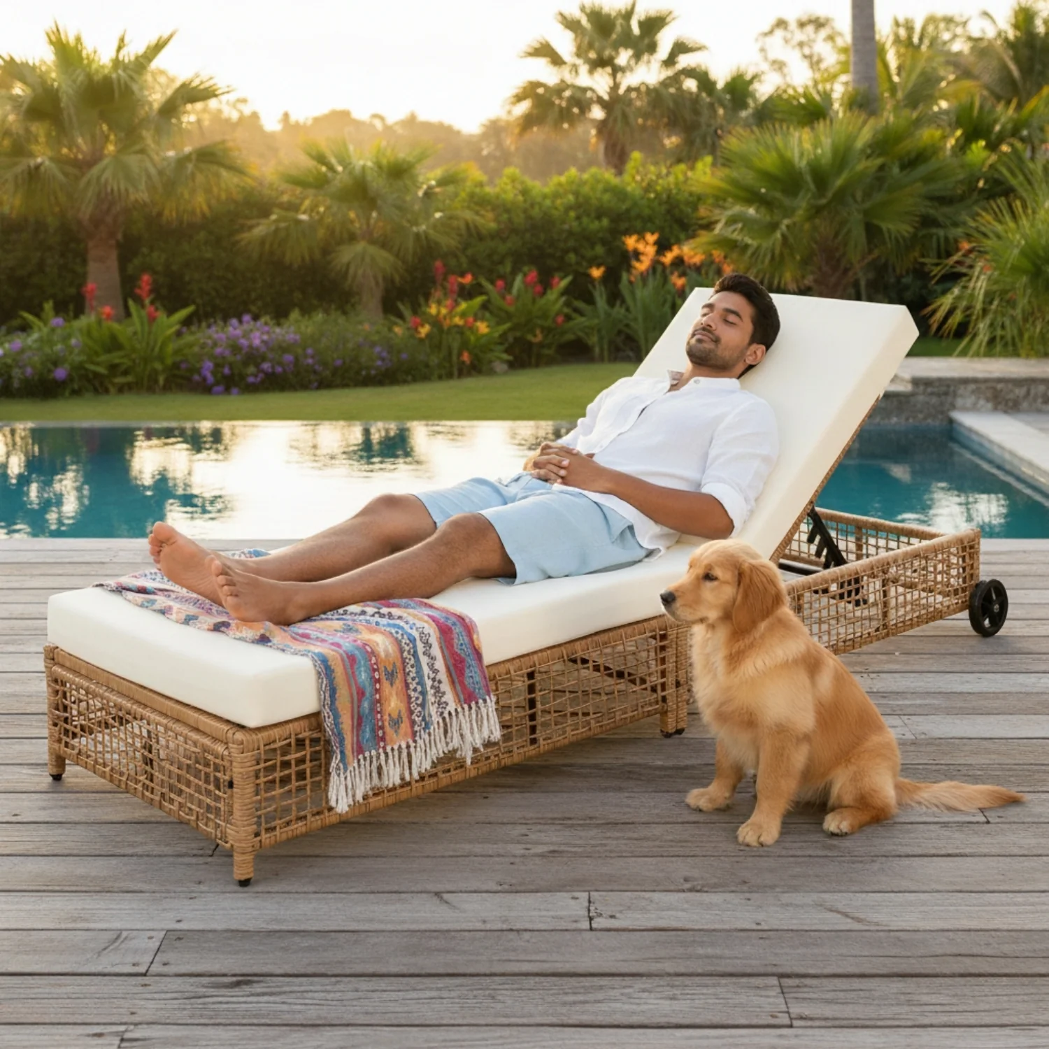 Outdoor Wicker Rattan Lounger Set of 2 with Patio Umbrella (Beige & Off-White) - Image 8