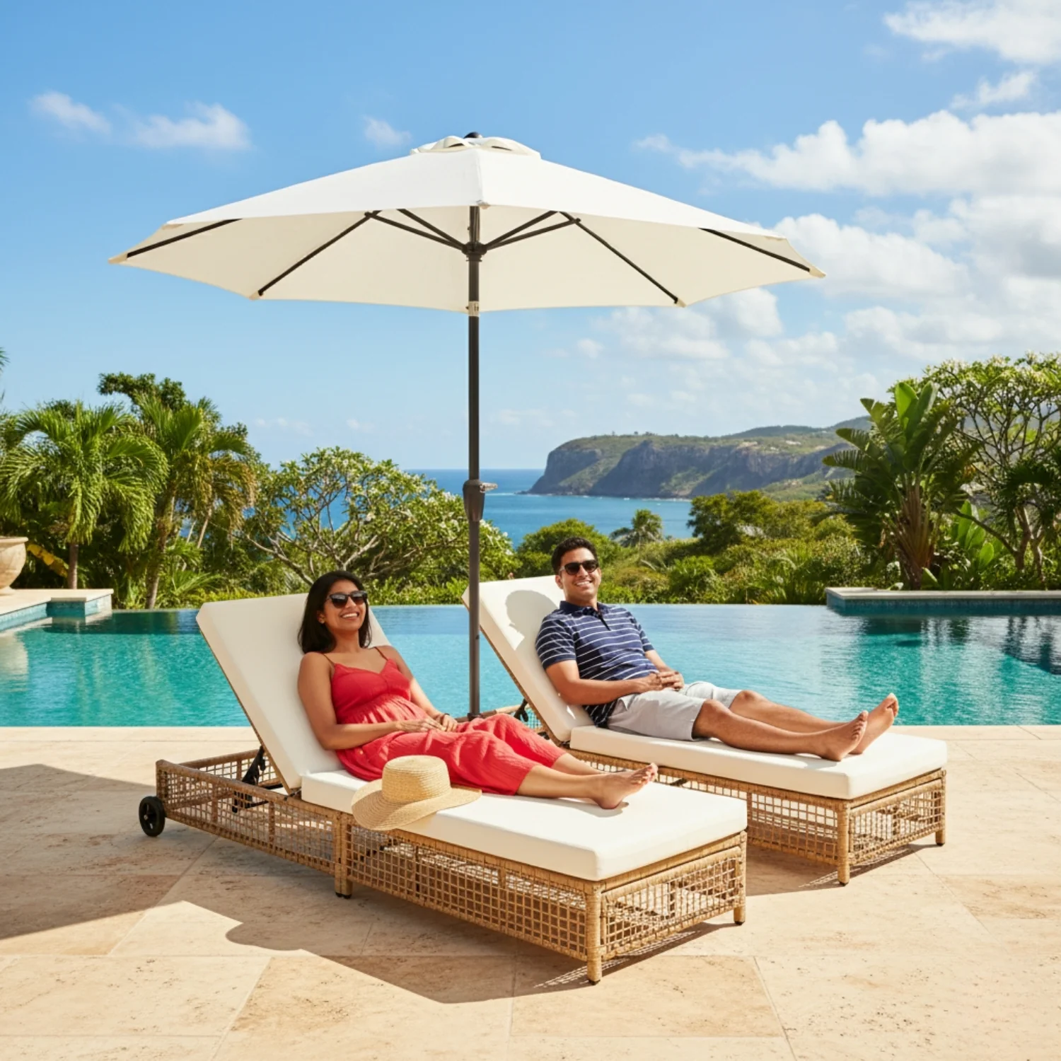 Outdoor Wicker Rattan Lounger Set of 2 with Patio Umbrella (Beige & Off-White) - Image 9