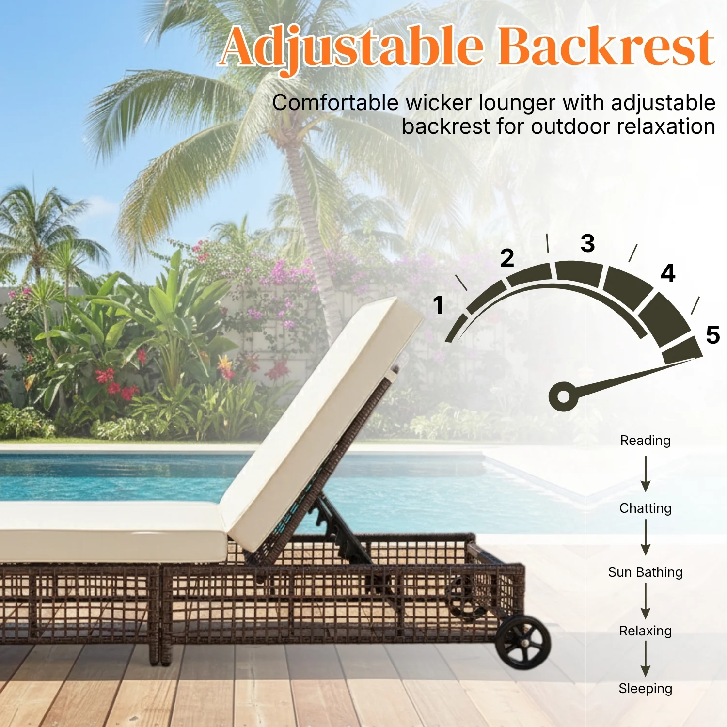 Outdoor Wicker Rattan Lounger Set of 2 with Patio Umbrella (Dark Brown & Off-White) - Image 5