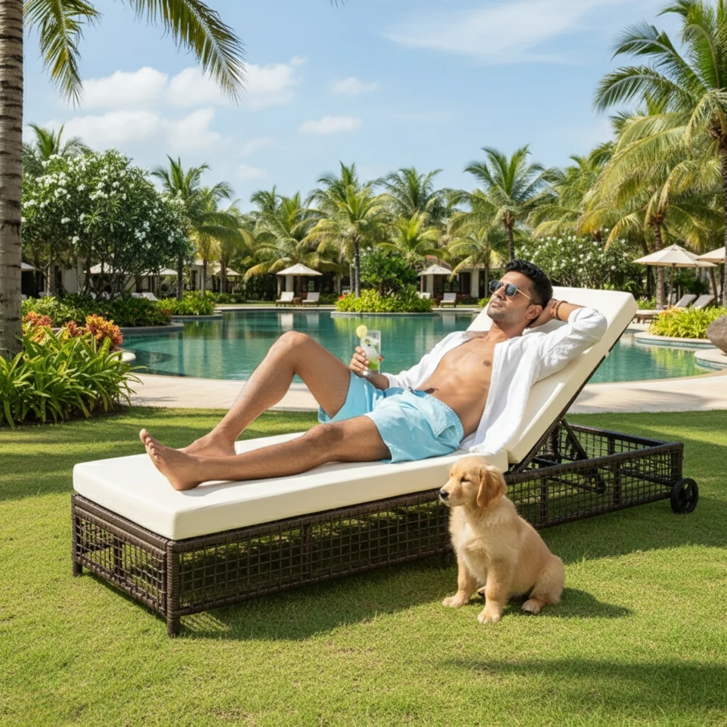 Outdoor Wicker Rattan Lounger Set of 2 with Patio Umbrella (Dark Brown & Off-White) - Image 8
