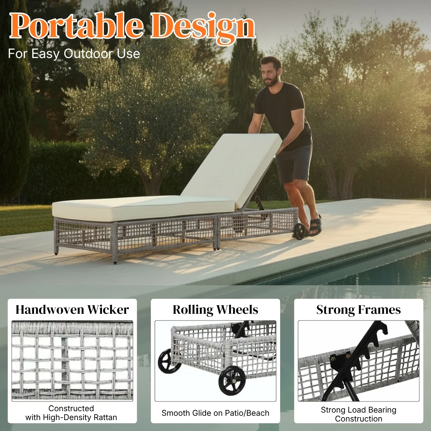 Outdoor Wicker Rattan Lounger Set of 2 with Patio Umbrella (Silver Grey & Off-White) - Image 3