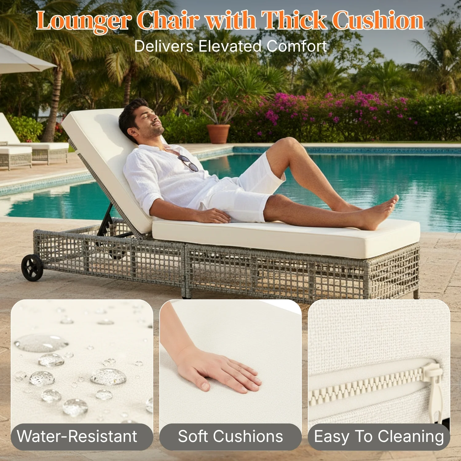 Outdoor Wicker Rattan Lounger Set of 2 with Patio Umbrella (Silver Grey & Off-White) - Image 4