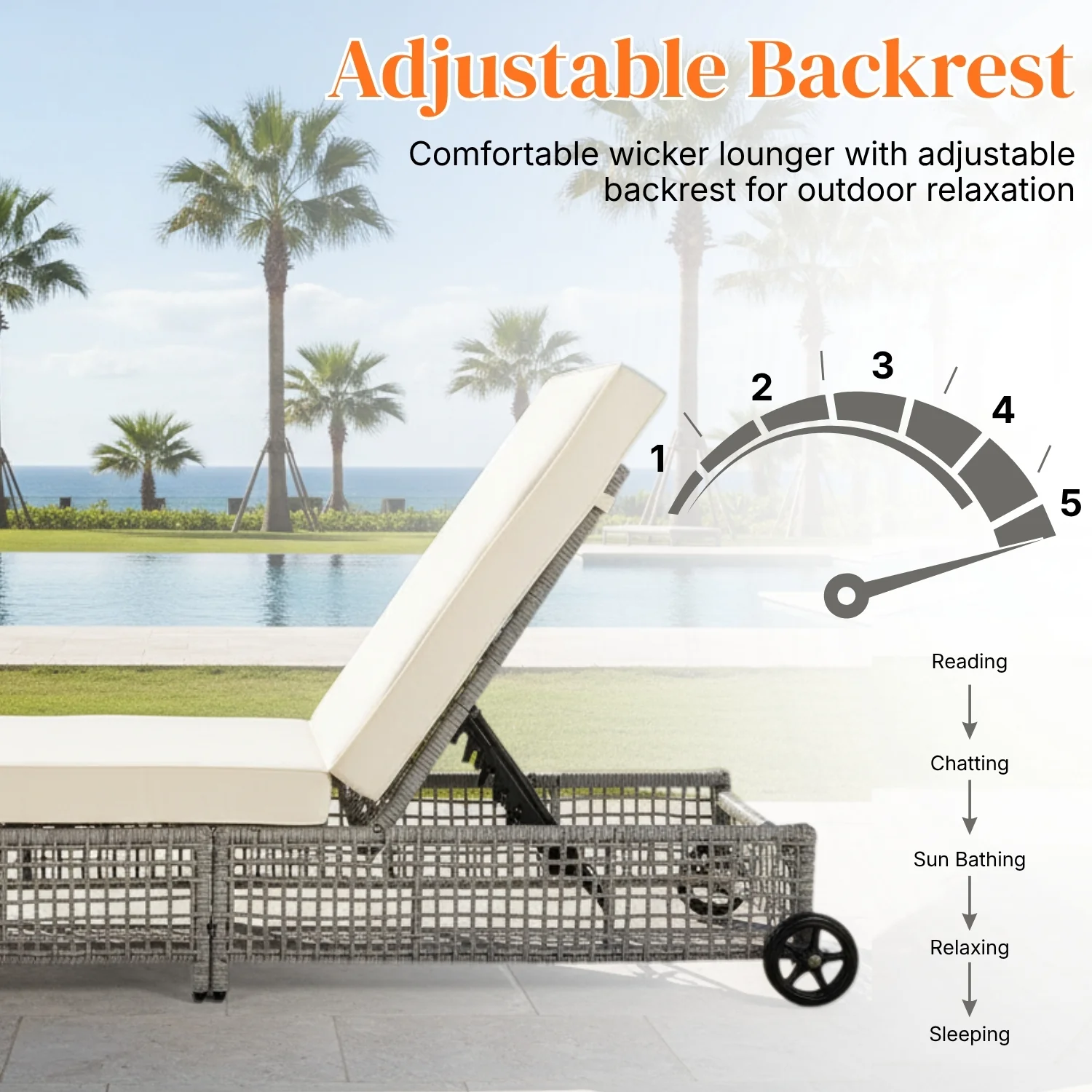 Outdoor Wicker Rattan Lounger Set of 2 with Patio Umbrella (Silver Grey & Off-White) - Image 5