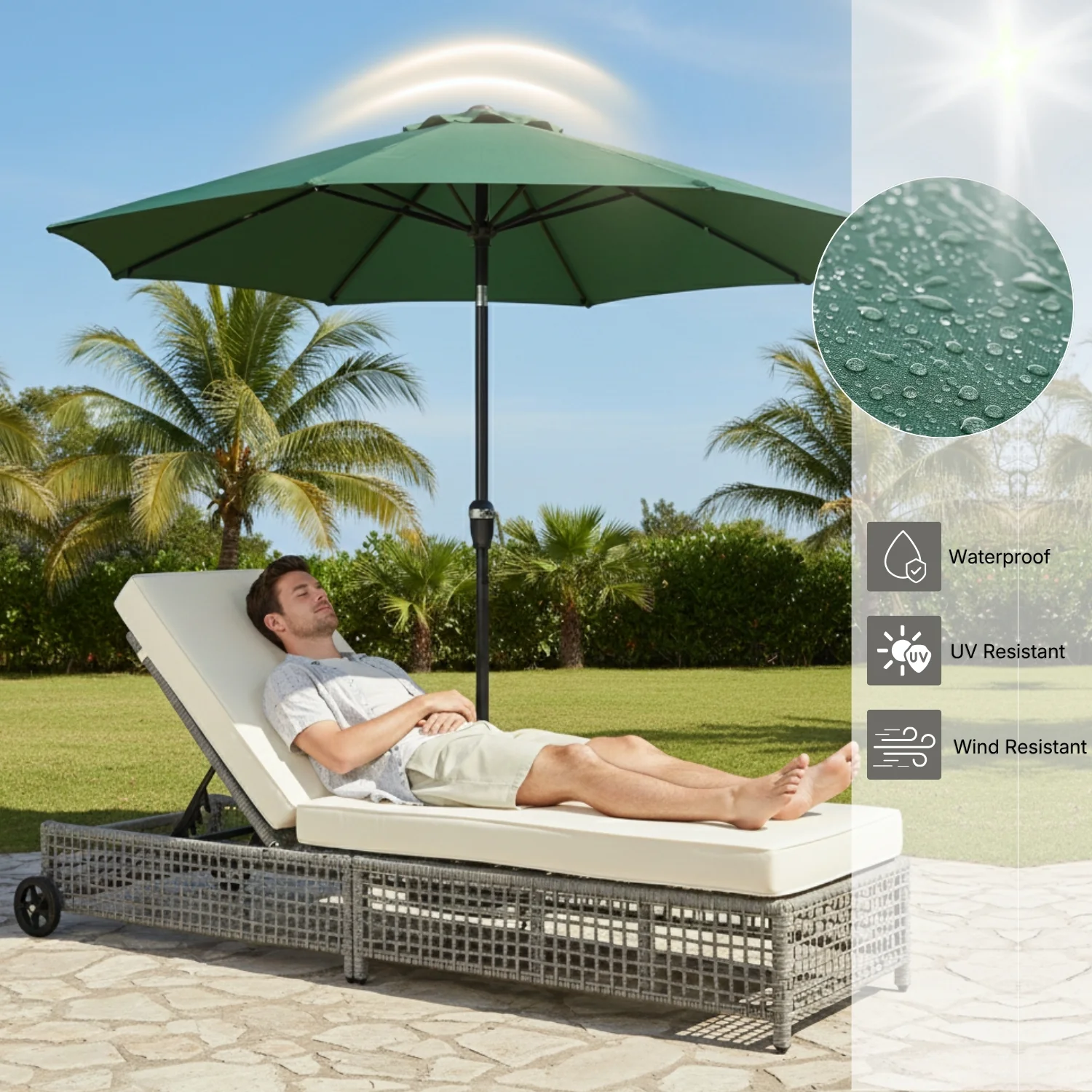 Outdoor Wicker Rattan Lounger Set of 2 with Patio Umbrella (Silver Grey & Off-White) - Image 6