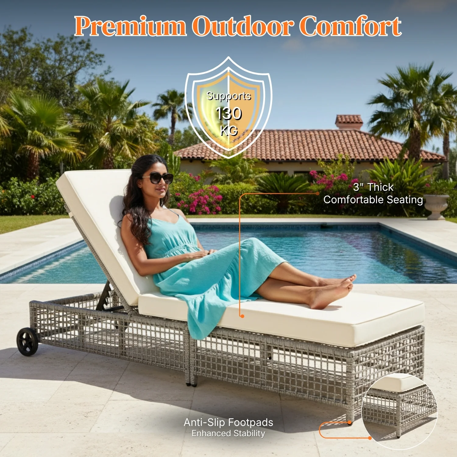 Outdoor Wicker Rattan Lounger Set of 2 with Patio Umbrella (Silver Grey & Off-White) - Image 7