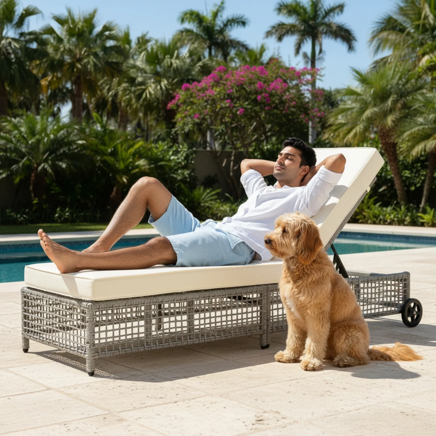 Outdoor Wicker Rattan Lounger Set of 2 with Patio Umbrella (Silver Grey & Off-White) - Image 8