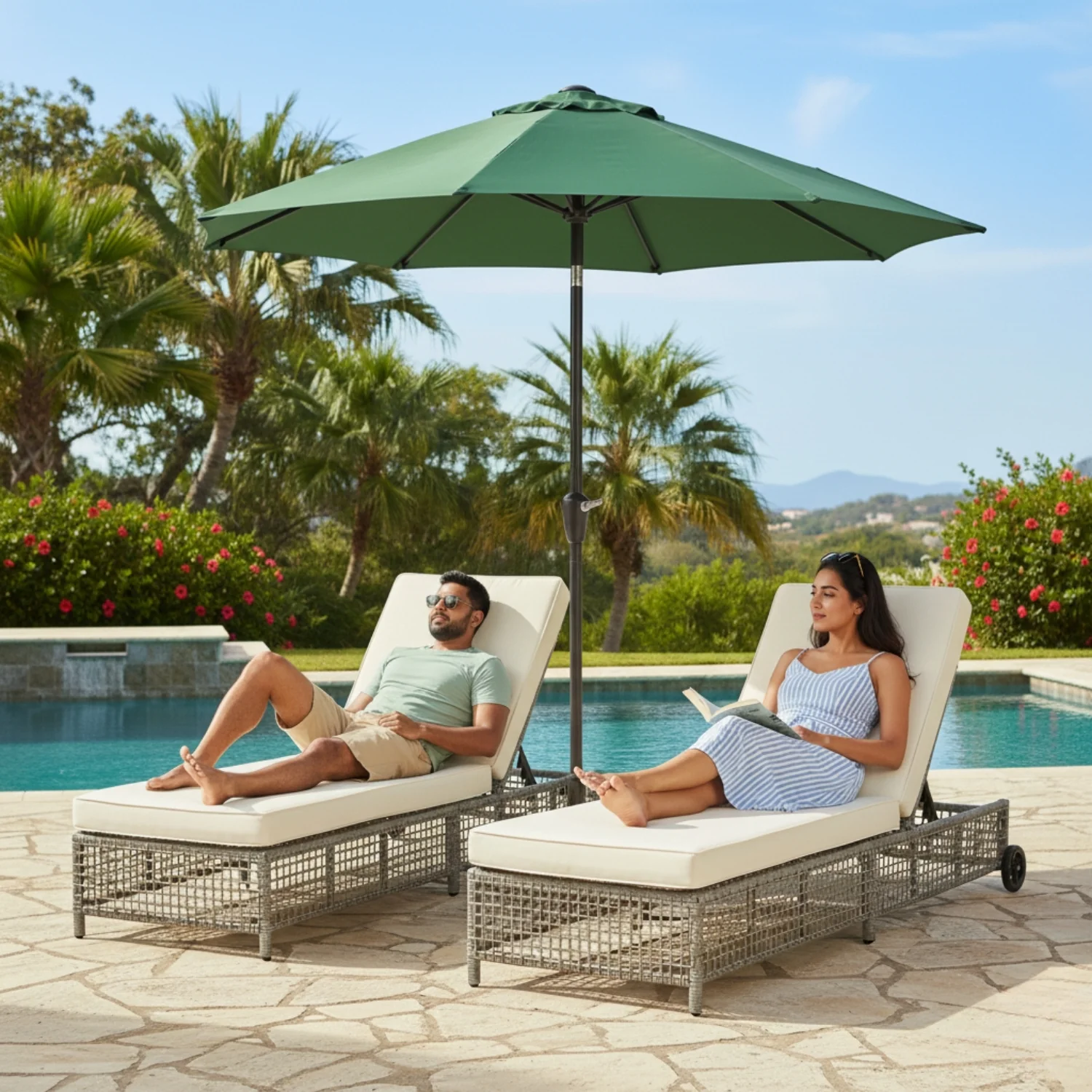 Outdoor Wicker Rattan Lounger Set of 2 with Patio Umbrella (Silver Grey & Off-White) - Image 9