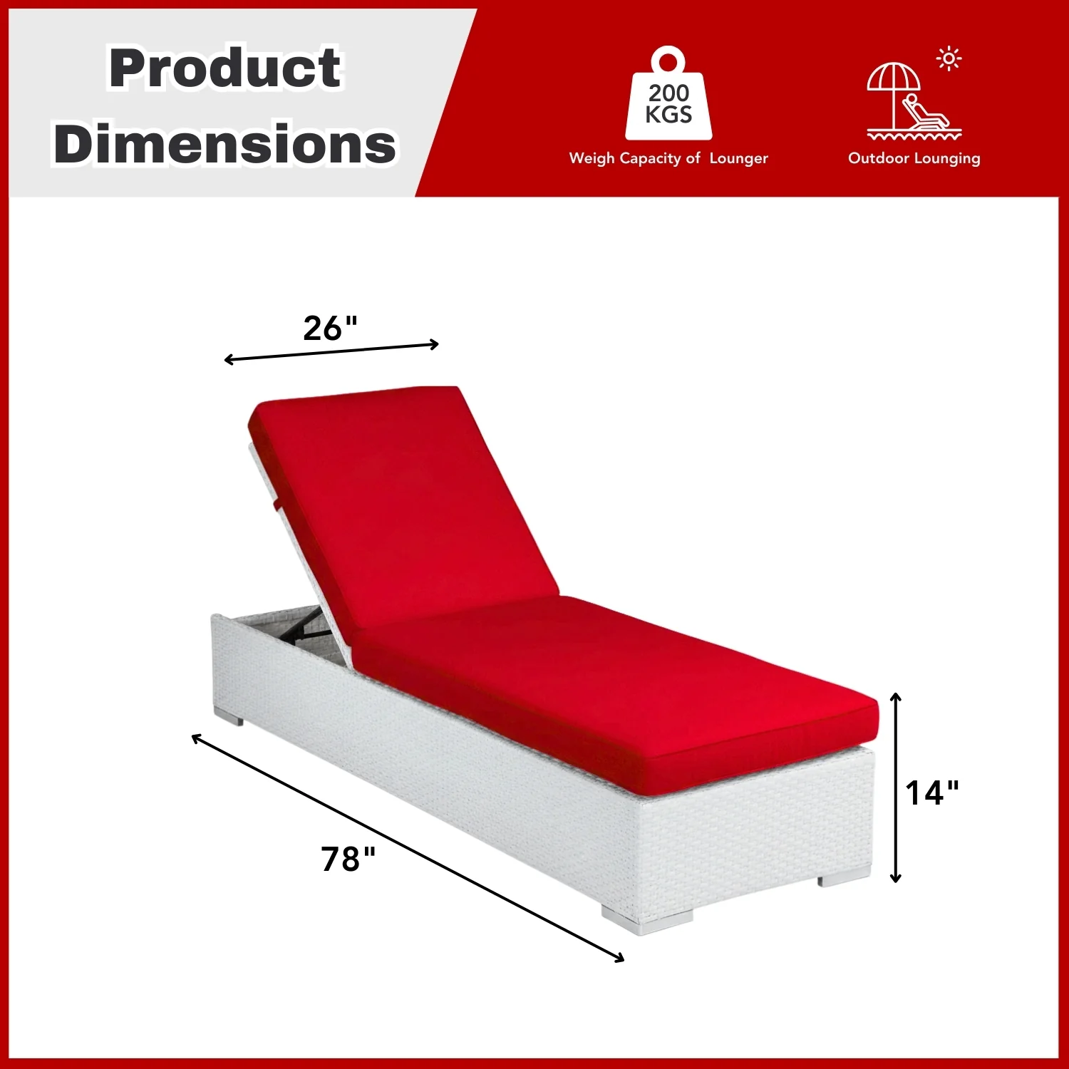 Outdoor All-Weather Rattan Wicker Lounger (White & Red) - Image 2