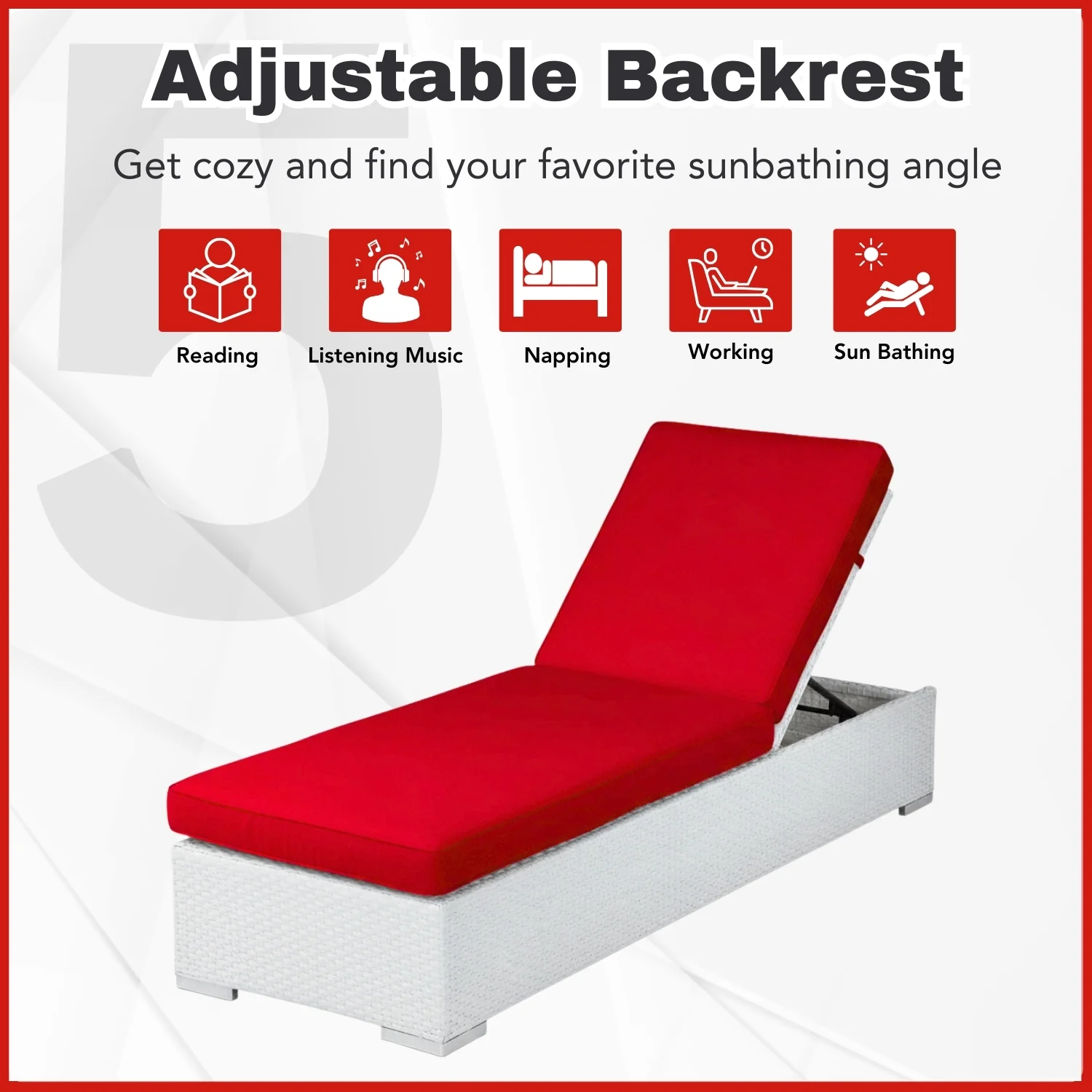 Outdoor All-Weather Rattan Wicker Lounger (White & Red) - Image 8