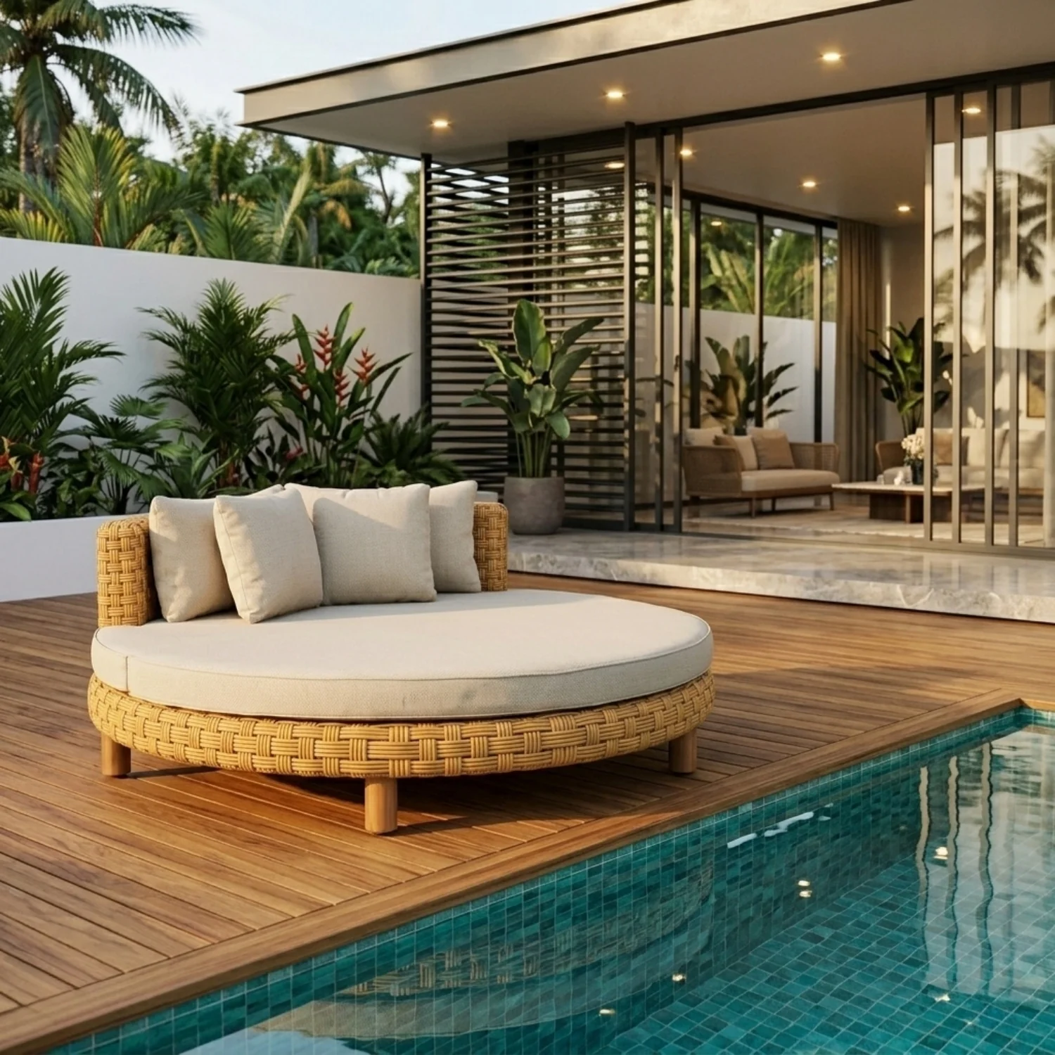 Outdoor All-Weather Rattan Wicker Round Daybed (Beige & Off-White)
