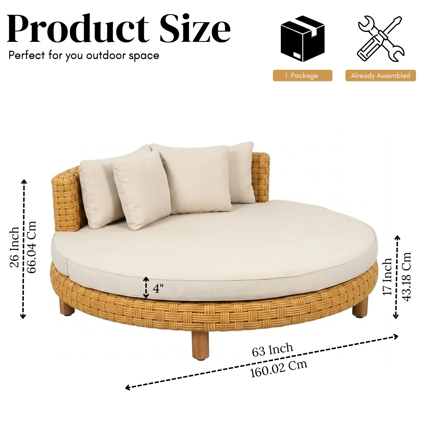 Outdoor All-Weather Rattan Wicker Round Daybed (Beige & Off-White) - Image 2