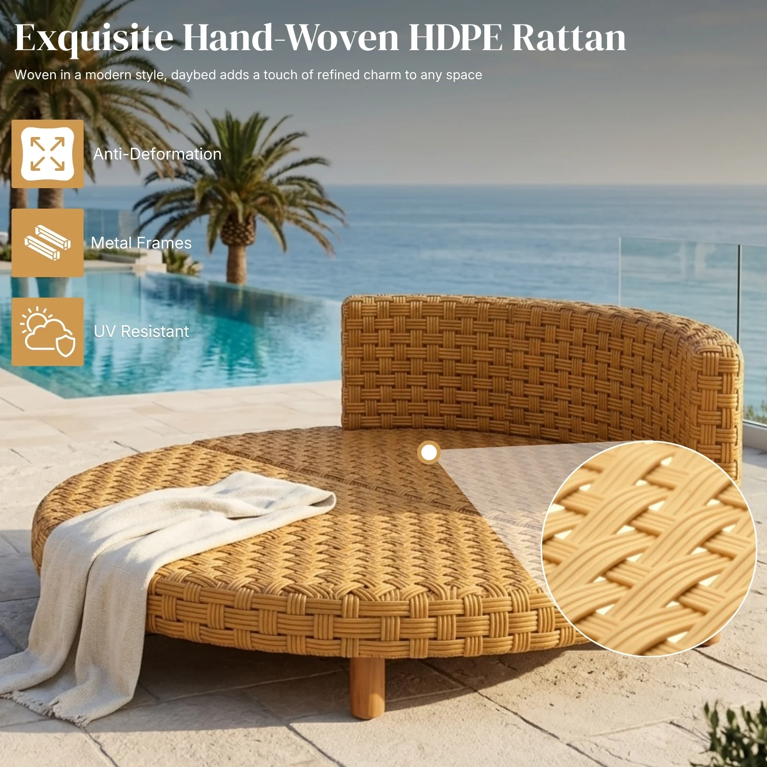 Outdoor All-Weather Rattan Wicker Round Daybed (Beige & Off-White) - Image 3