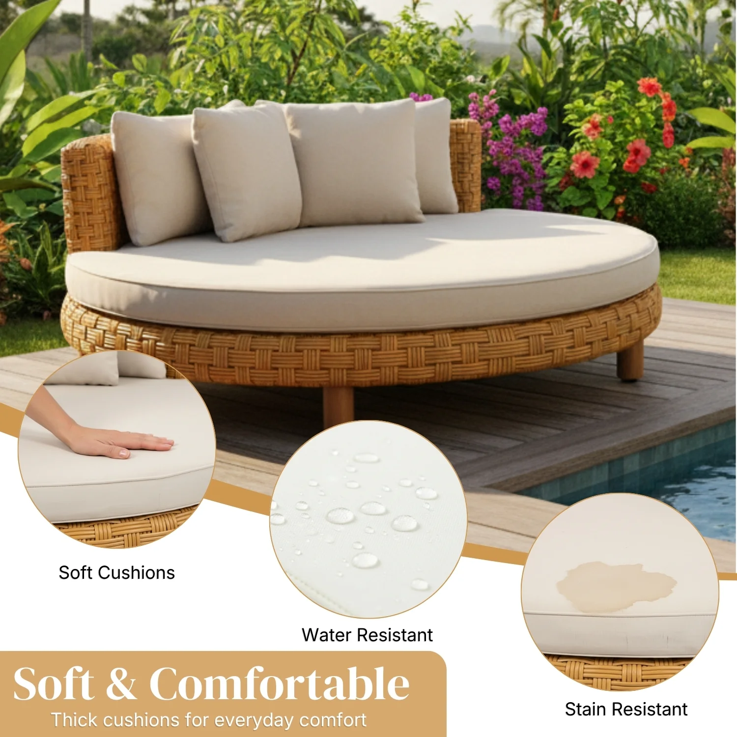 Outdoor All-Weather Rattan Wicker Round Daybed (Beige & Off-White) - Image 5