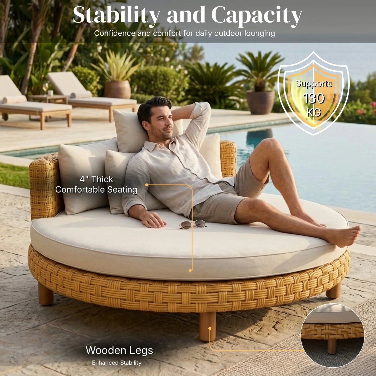Outdoor All-Weather Rattan Wicker Round Daybed (Beige & Off-White) - Image 6