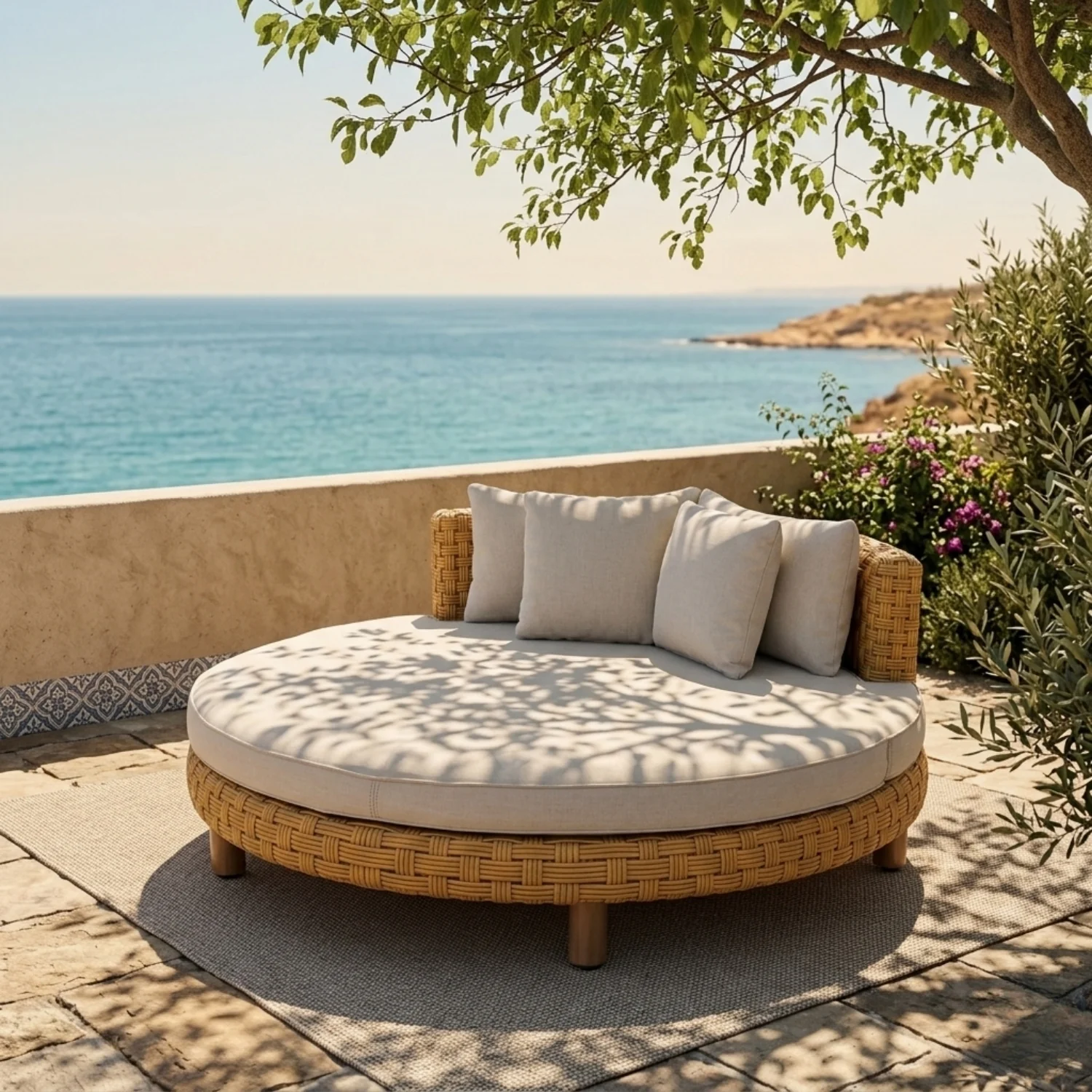 Outdoor All-Weather Rattan Wicker Round Daybed (Beige & Off-White) - Image 7