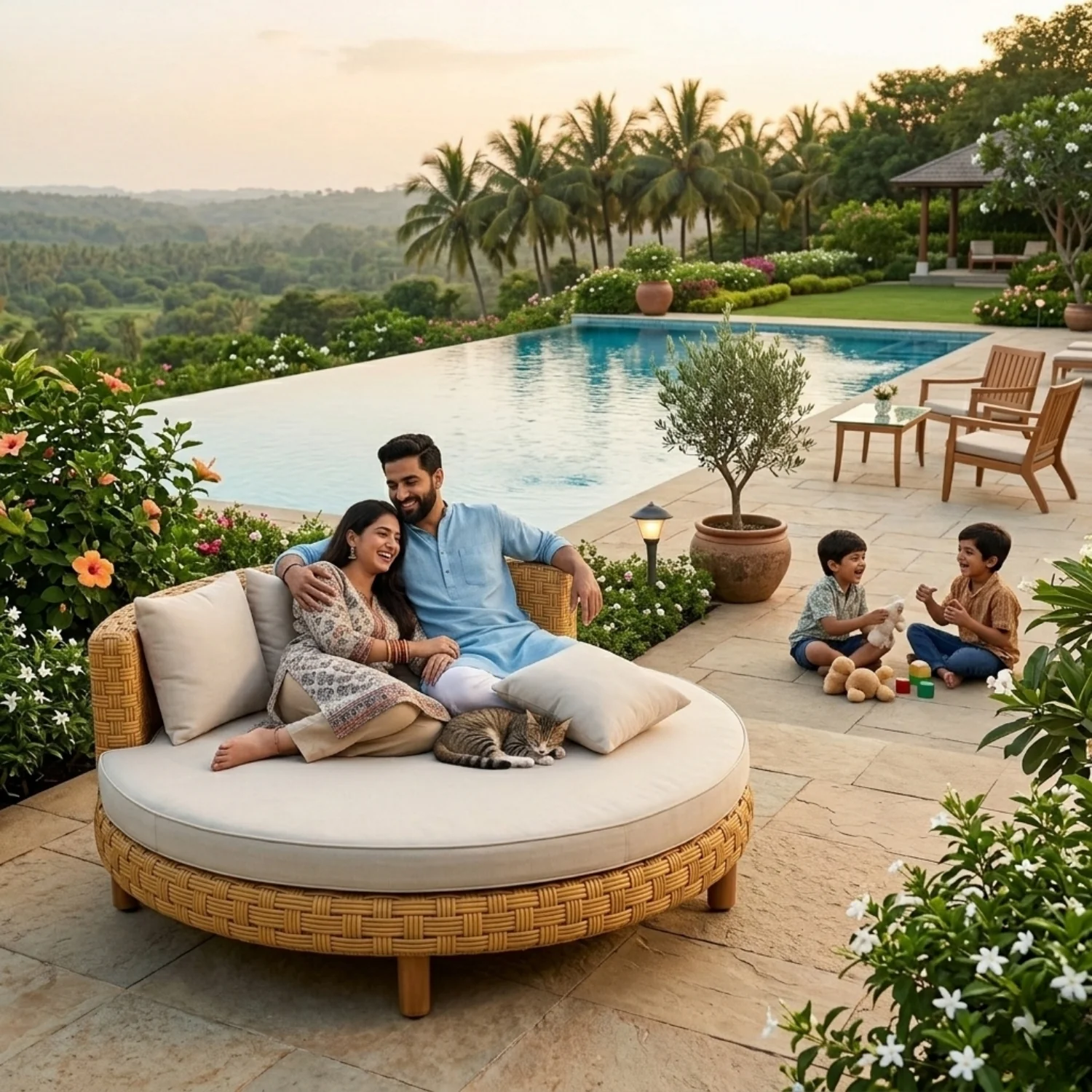 Outdoor All-Weather Rattan Wicker Round Daybed (Beige & Off-White) - Image 9